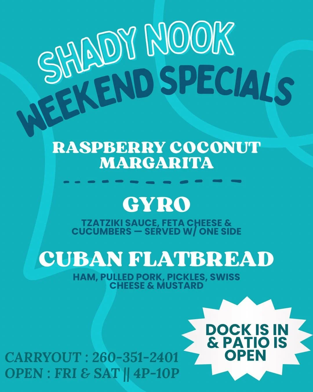 Yes, you read that right &mdash; DOCK IS IN + PATIO IS OPEN🌞 BIG THANKS JOSH! 👏🏼 Park the boat &amp; come hungry because we have a weekend of specials that&rsquo;ll have you drooling 🤤

OPEN : FRI + SAT : 4P-10P 🕙
CARRYOUT : 2603512401 ☎️