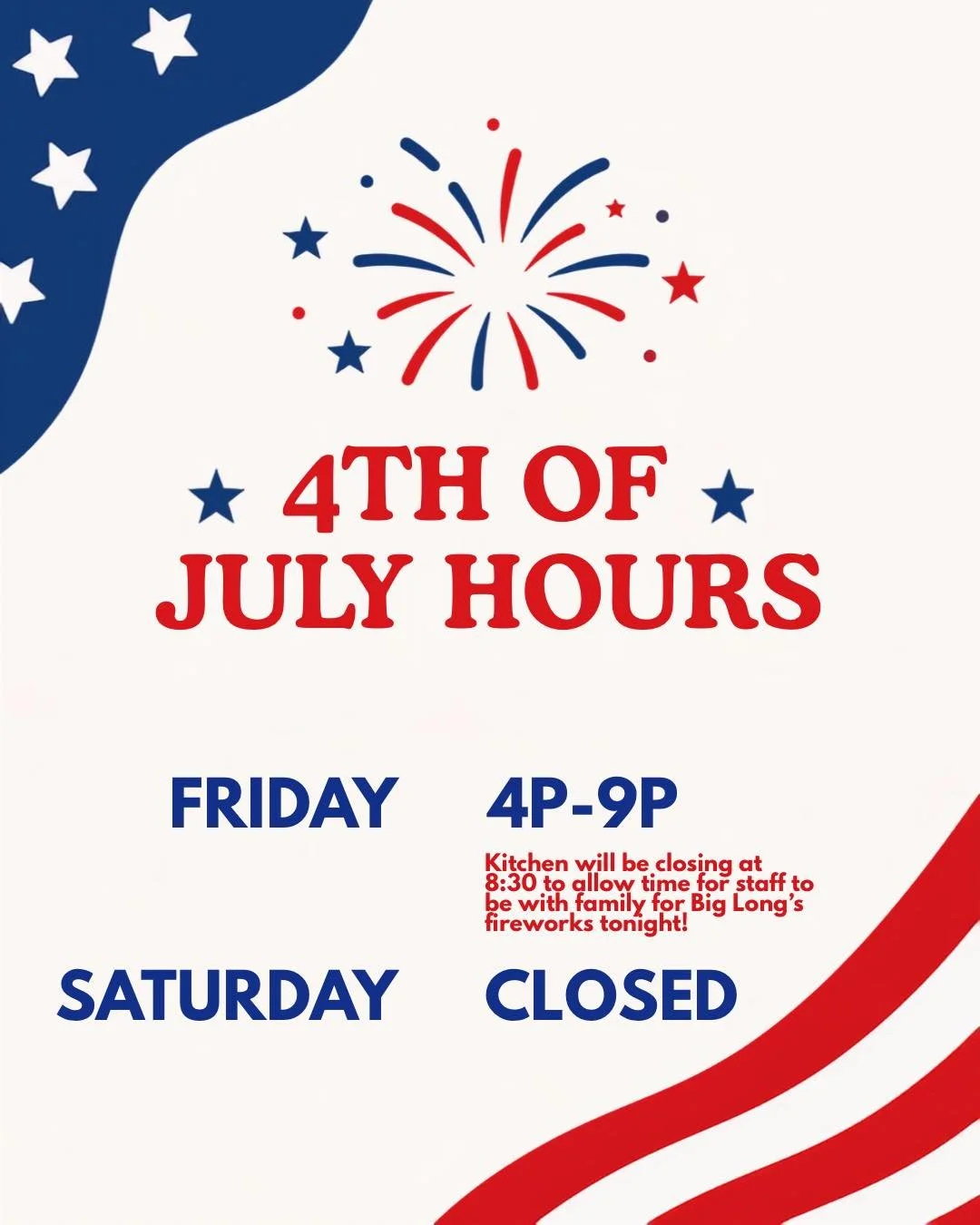 Happy 4th of July weekend! 🔴⚪️🔵
Tonight we will be closing at 9P to allow our staff time to get with their families to enjoy Big Long Lake&rsquo;s firework show! 
Thank you for understanding and we can&rsquo;t wait to see yall tonight 🎆