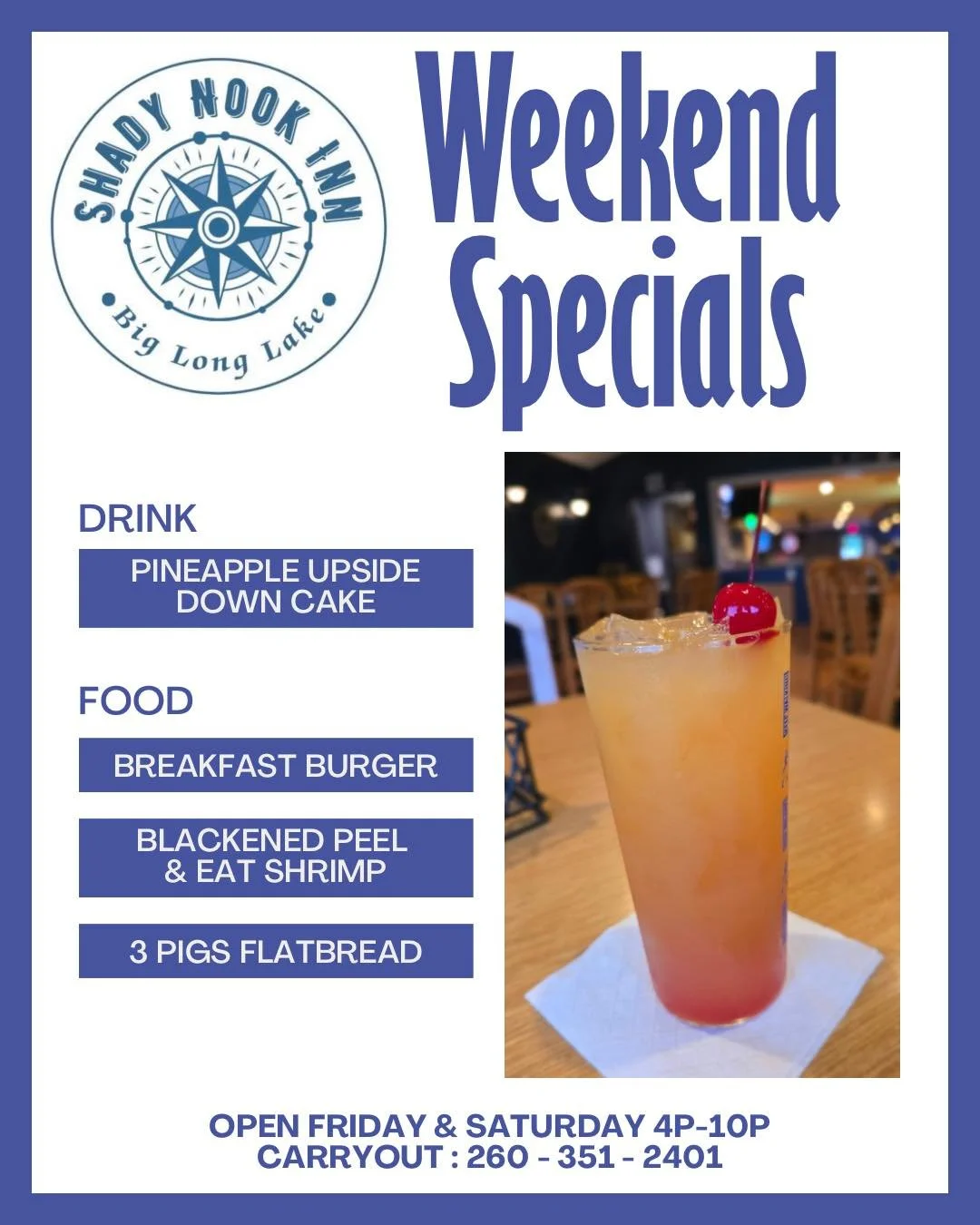 Weekend Specials 🌞🍴 See you there! 📍
OPEN : Friday &amp; Saturday &bull; 4P - 10P
CARRYOUT : 260&bull;351&bull;2401
