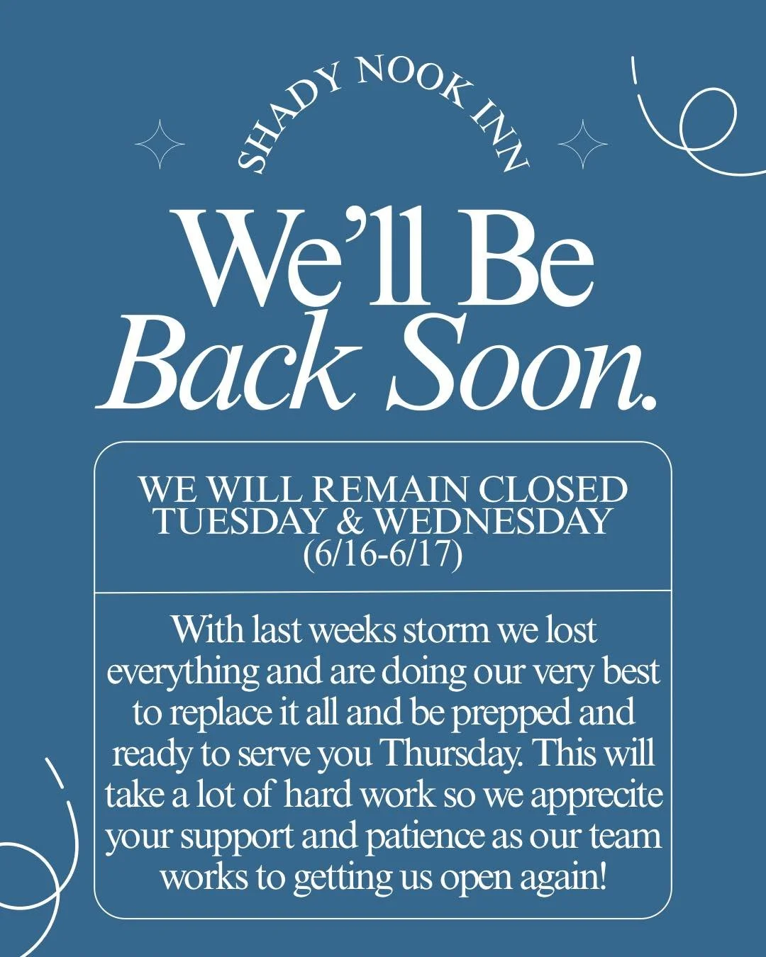 Trust us when we say we miss yall too 🫶🏼 Our power is restored and we are working hard to get everything replaced &amp; prepped to be able to reopen on ✨THURSDAY✨ &mdash; Watch for an updated open post then!  We greatly appreciate your support and 