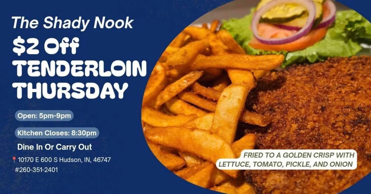 Plans tonight? Come try our breaded tenderloin for $2 off! Kitchen closes at 8:30P &mdash; See ya there 👏🏼🤤
CARRYOUT : 260-351-2401 ☎️