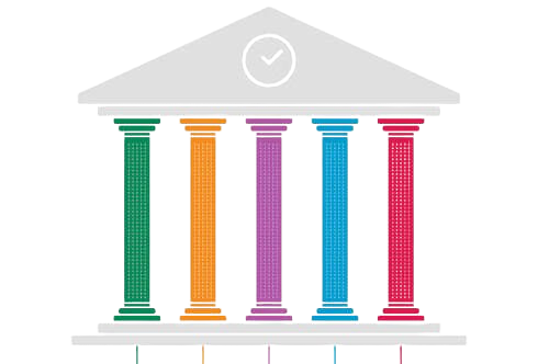 Simplified illustration of a government or institutional building with five colorful pillars in green, orange, purple, blue, and red, and a triangular pediment on top.