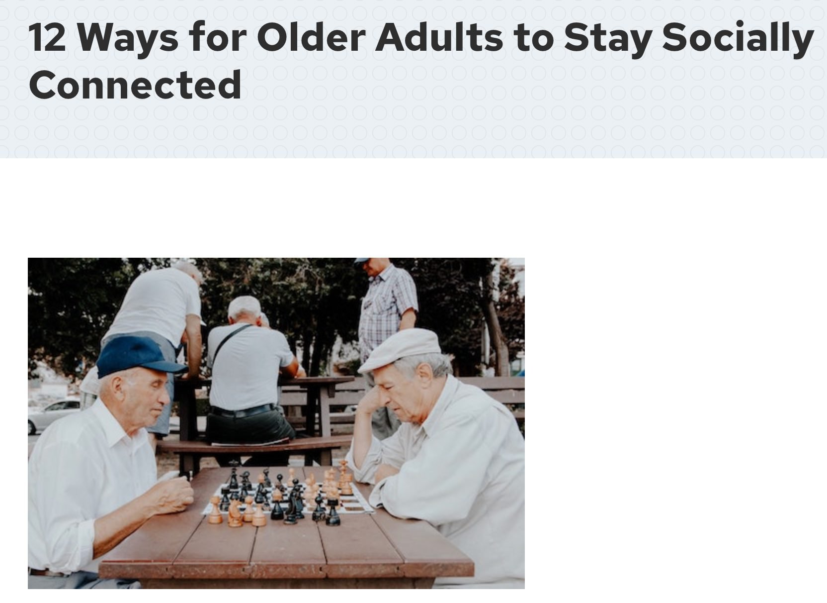 DID YOU KNOW: There are many ways to stay socially connected? Here is an article that discusses 12 Ways Older Adults can connect and stay engaged with others.

seniornavigator.org/article/77382/12-ways-older-adults-stay-socially-connected

 #connecti