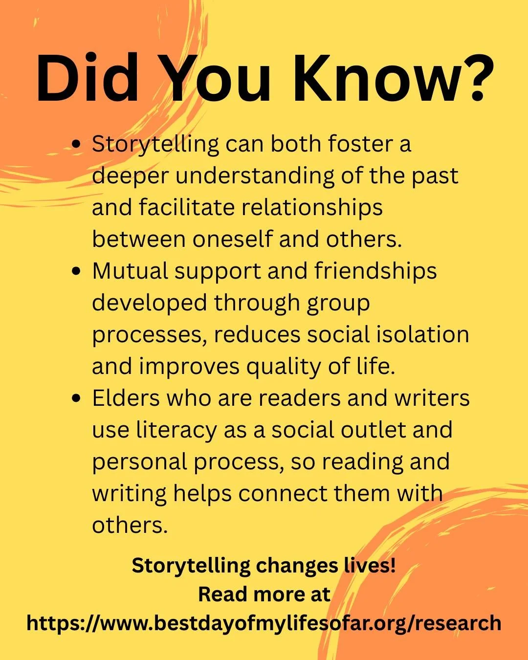 Did you know storytelling can actually change lives? 💬✨
Sharing stories helps people connect, feel less alone, and understand each other better &mdash; especially for older adults. 💛

Reading, writing, and just being heard can make a huge differenc