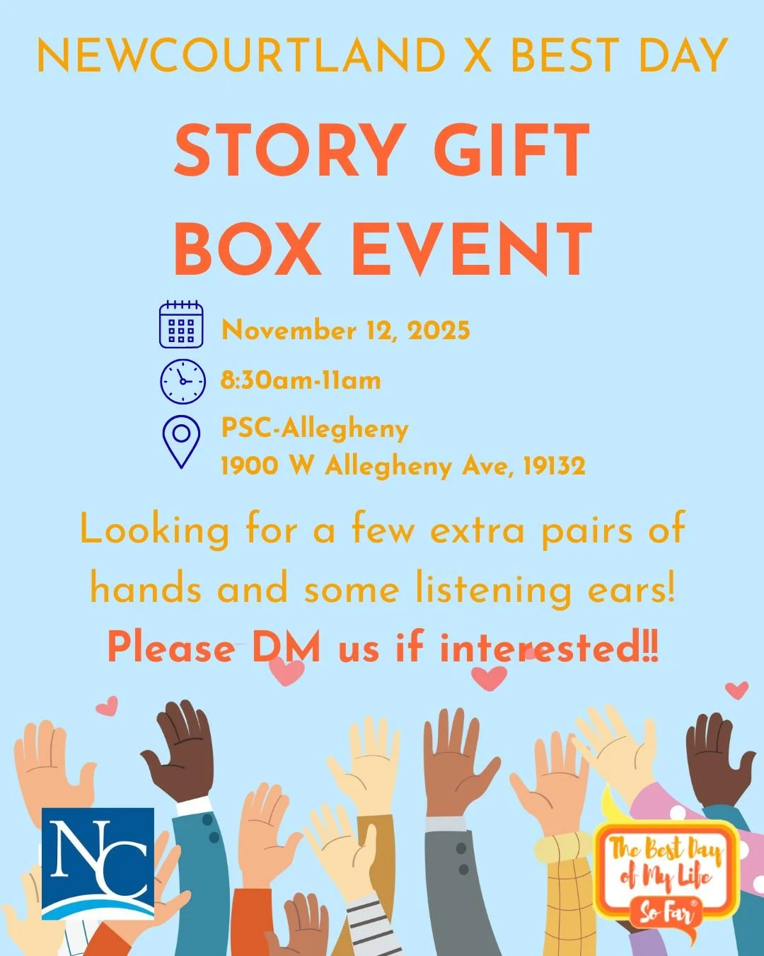 🌟 We’re looking for volunteers! 🌟
Join us on November 12th at PSC–Allegheny for our Story Gift Box Event with NewCourtland + Best Day. Help us pass out story boxes, connect with older adults, and spread some fall joy! 
👋 Extra hands +