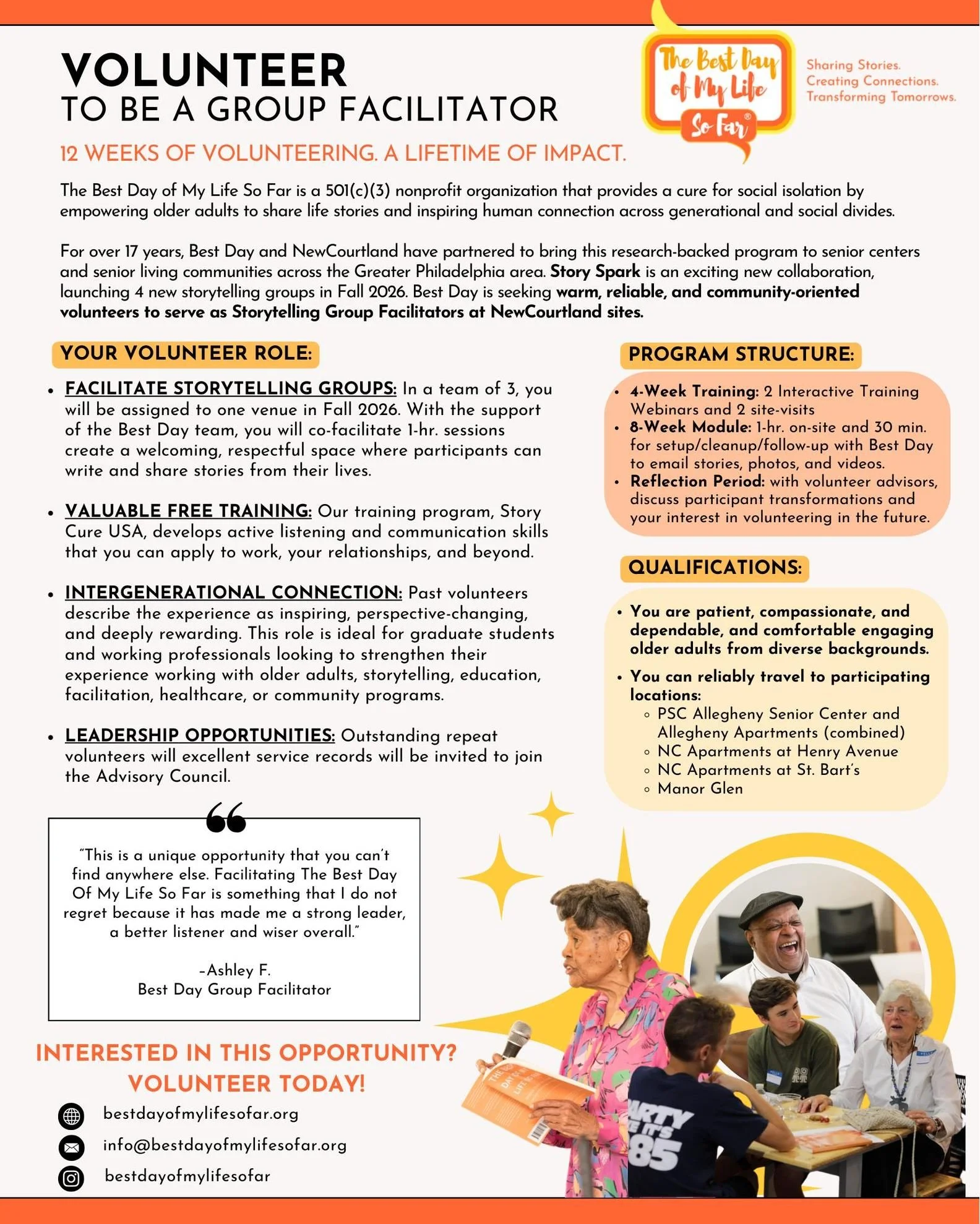 Join us this Fall as a Storytelling Group Facilitator and help create meaningful connections through the power of stories. ✨

📍 Our 4 locations:
&bull; PSC Allegheny Senior Center &amp; Allegheny Apartments
&bull; NC Apartments at Henry Avenue
&bull