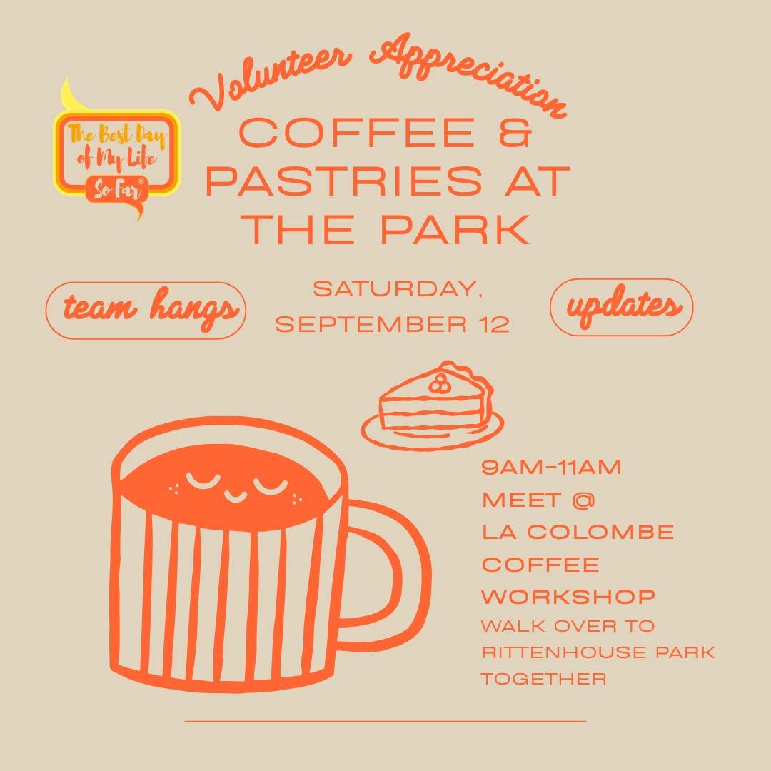 ☕🥐 Coffee, pastries &amp; good company! 💛

We&rsquo;re getting together with our amazing Best Day volunteers for a morning of connection, conversation, and a little team fun! 🌳✨ 

Thinking of getting involved in the greater Philadelphia area? Come