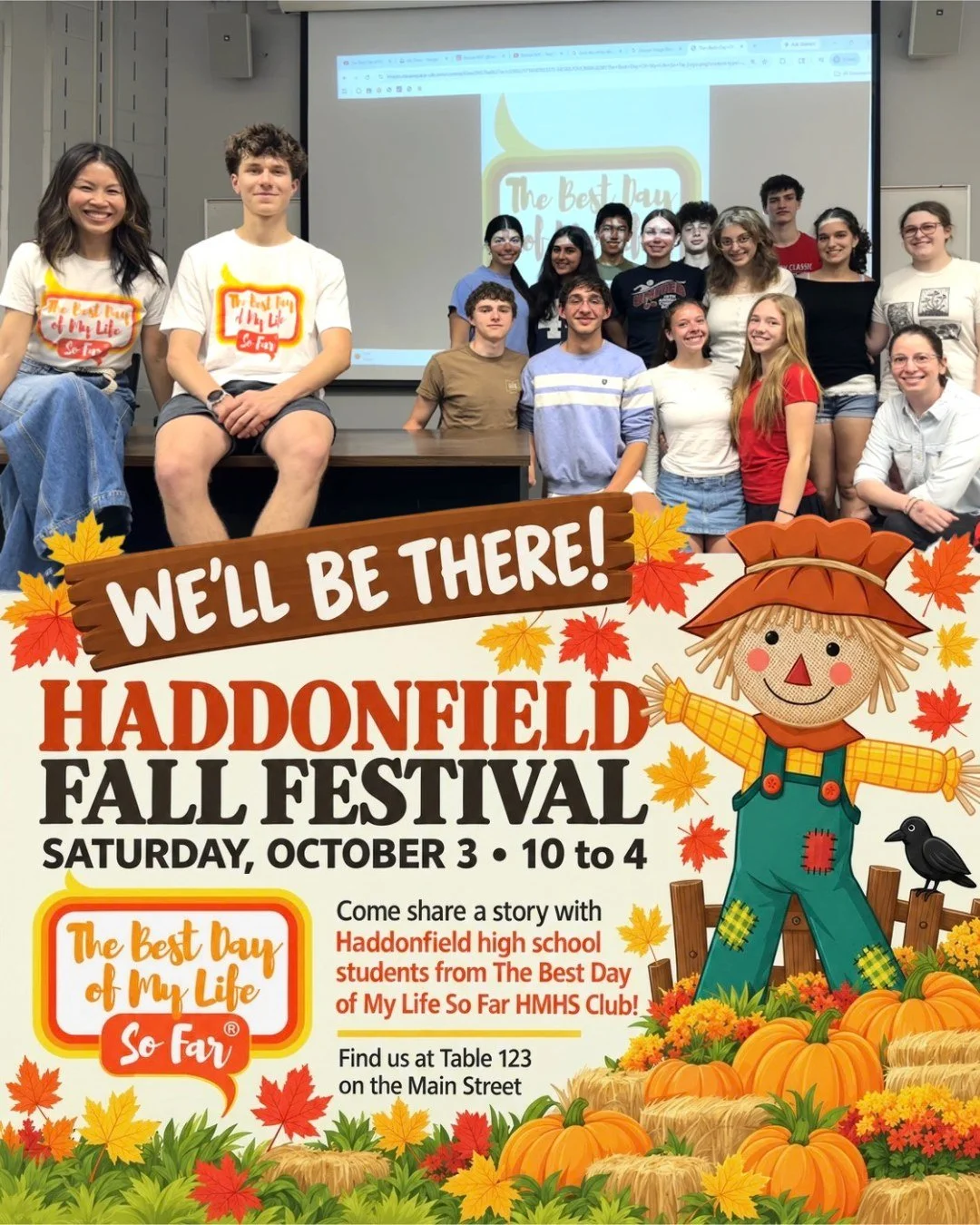 The Best Day of My Life So Far Club at Haddonfield Memorial High School is heading to the Haddonfield Fall Festival! 🍂🧡

This Saturday from 10-4, our students will be there to listen to older adults&rsquo; life stories and invite everyone to share 