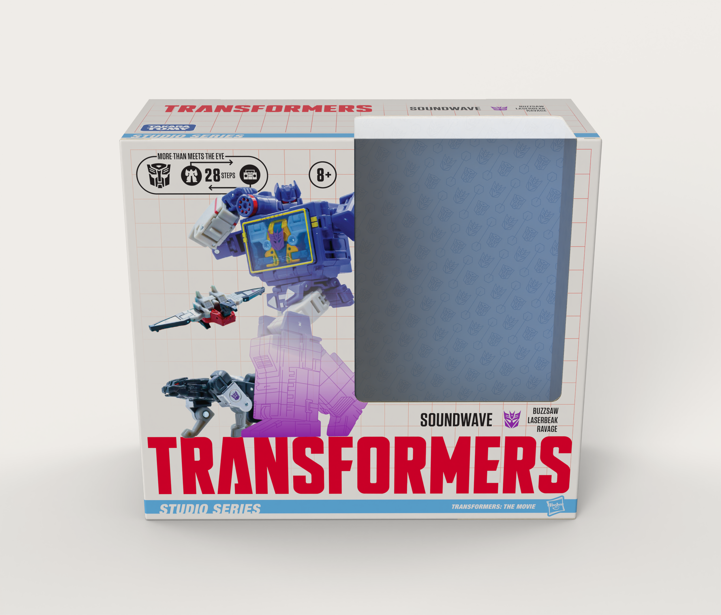 The Leader Class size- the best of the best. Larger figures or ones that contain more accessories. The use of Soundwave was an opportunity to show how multi-packs with multiple characters show names. This design was meant for sitting on shelves and b