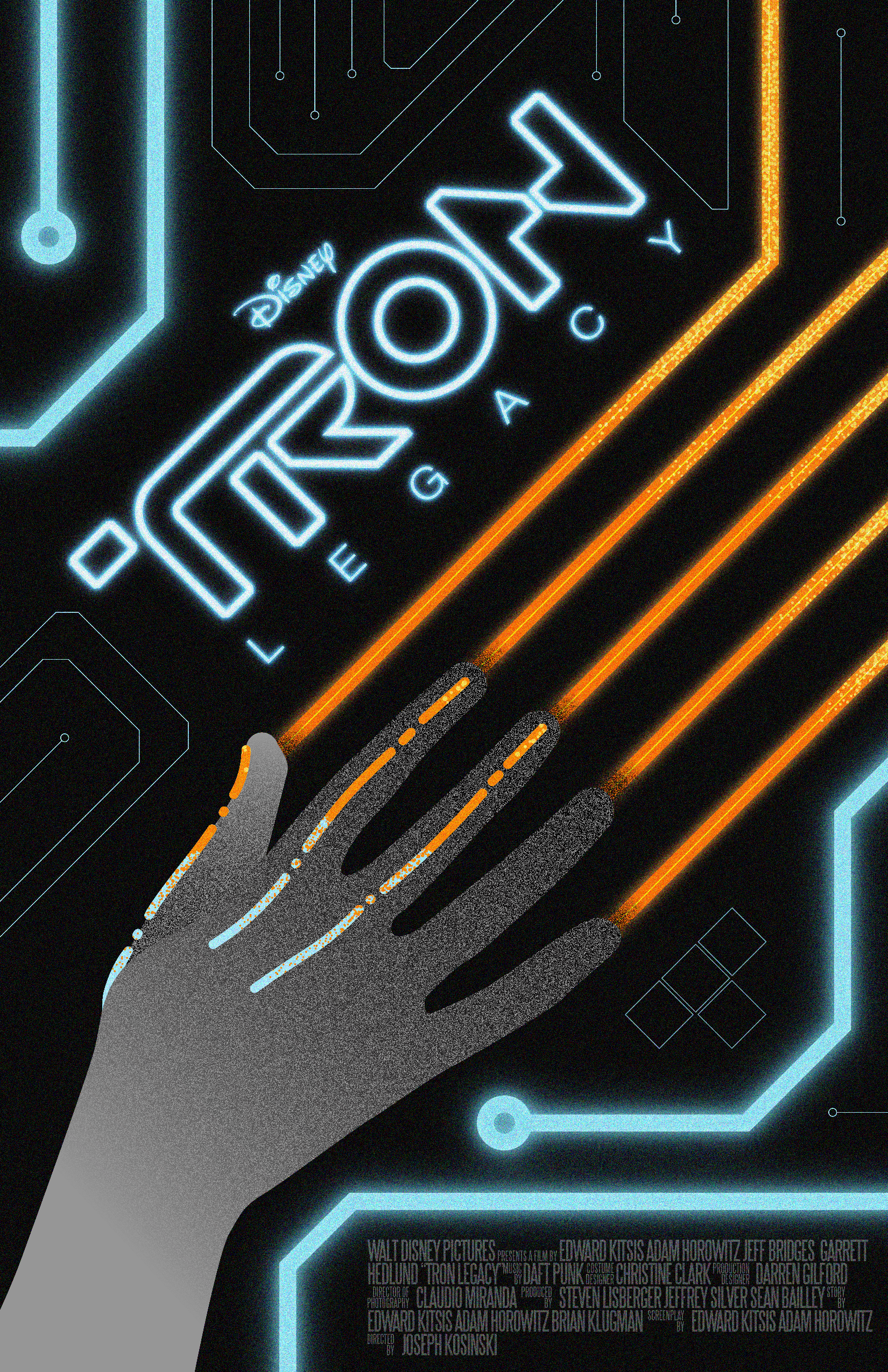 A re-imagined movie poster for one of my favorite titles, Tron Legacy. A lot of inspiration for this came from the pulsing synths on the soundtrack as a contrast to the orchestral swells. All digital with the grime of a grain. The color palette is a 