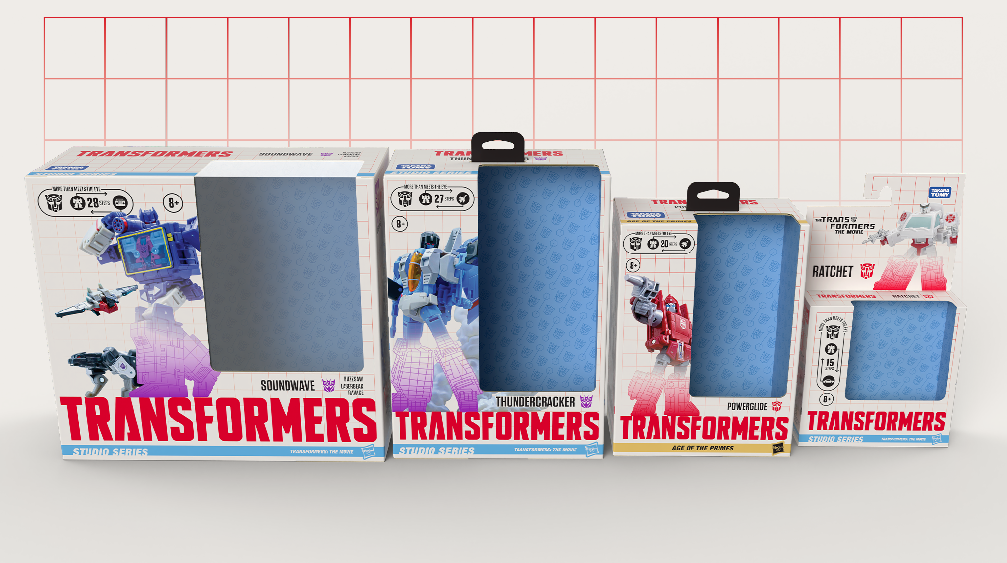 A display of the 4 main sizes, complete with inserts, hangtags, and windows when applicable.