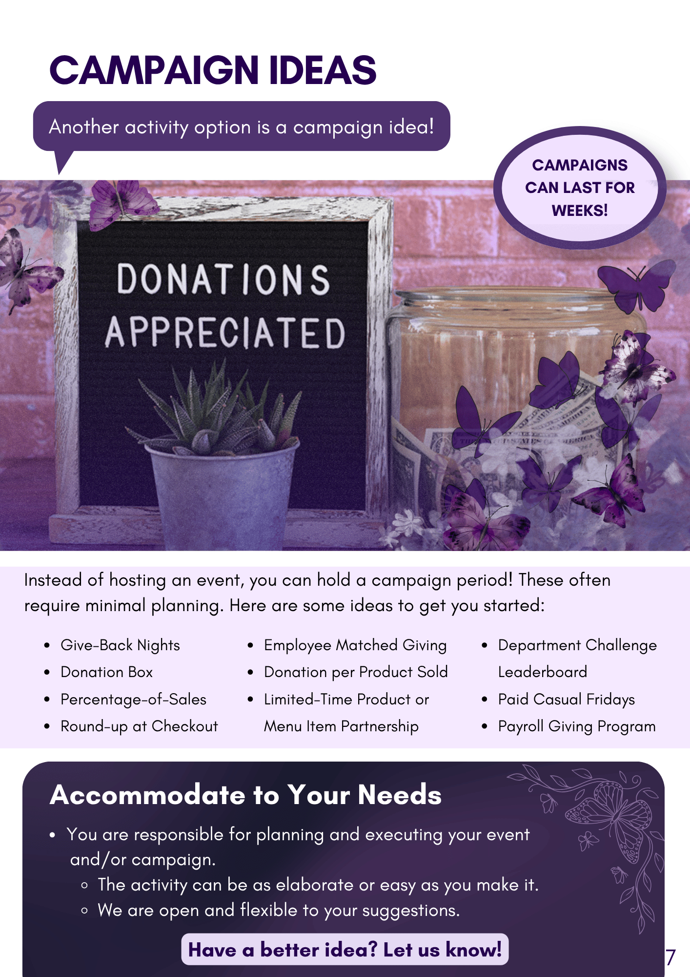 A promotional infographic about campaign ideas with a purple and white color scheme. It includes a sign that says 'Donations Appreciated,' decorated with purple butterflies and a small potted succulent plant. Various campaign ideas are listed, such a