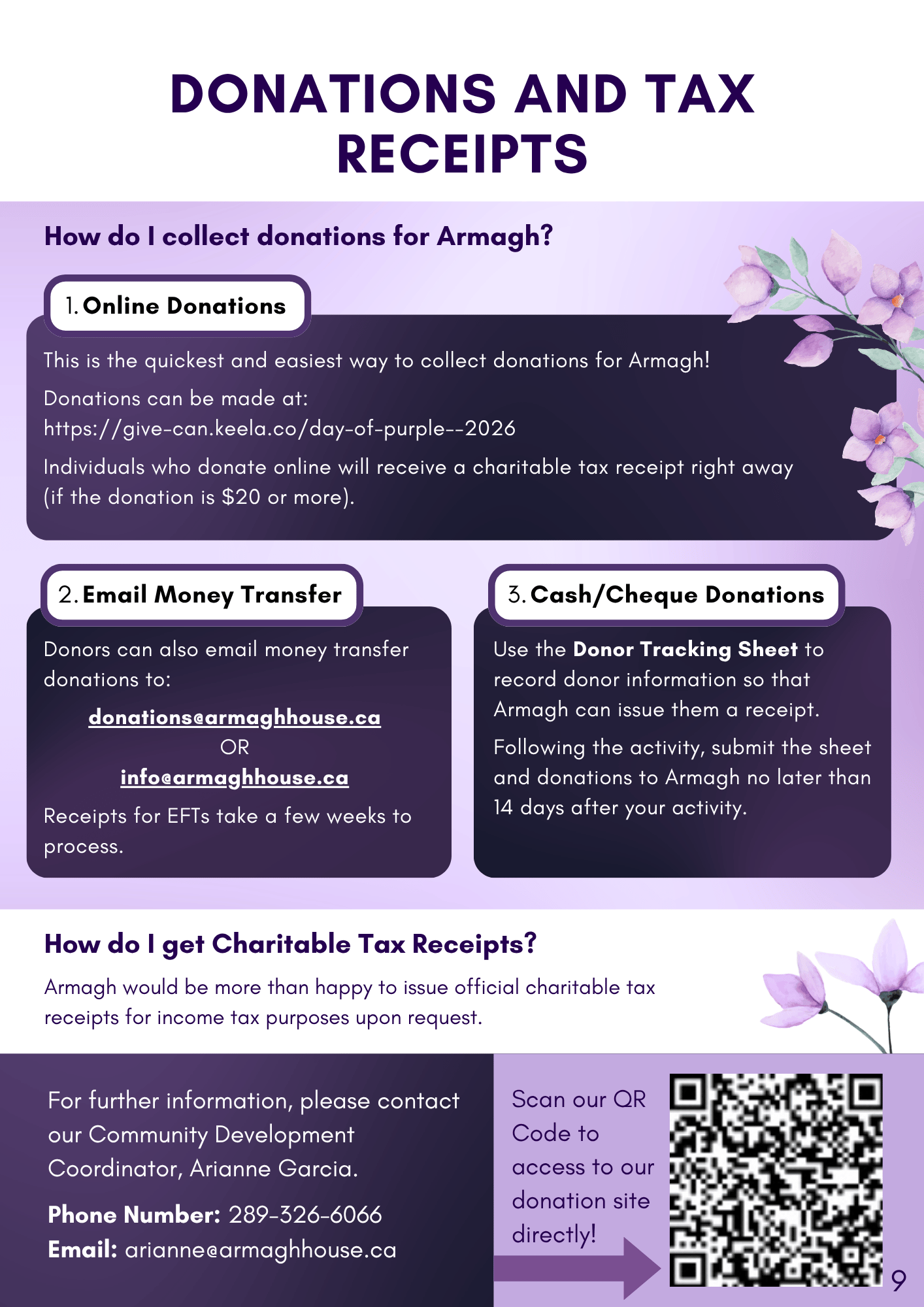 An informational poster about donations and tax receipts from Armagh, with purple floral accents and a QR code.