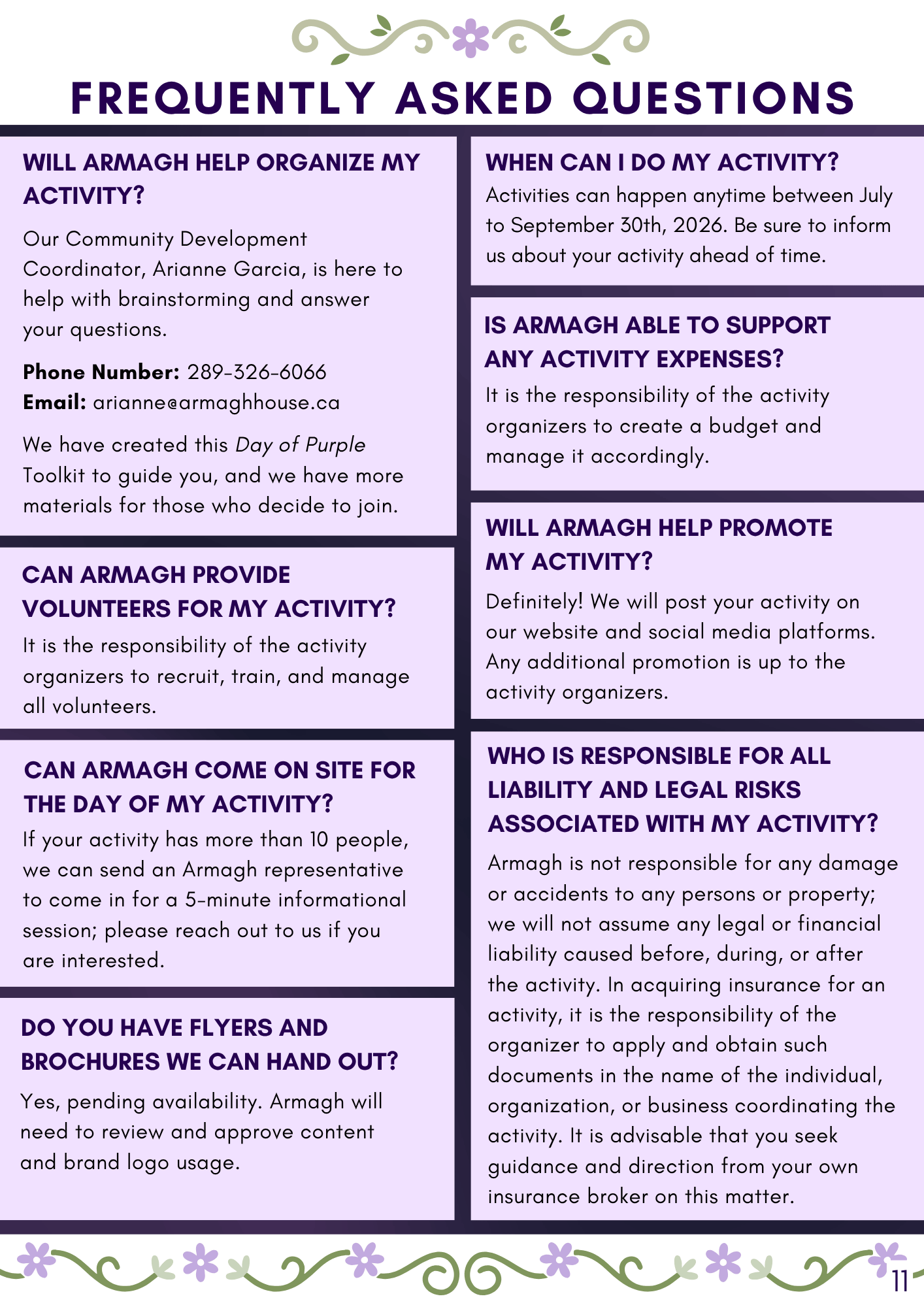 Frequently asked questions sheet about organizing activities, support, volunteering, and liability, decorated with a floral border at the top and bottom, with the number 11 at the bottom right corner.