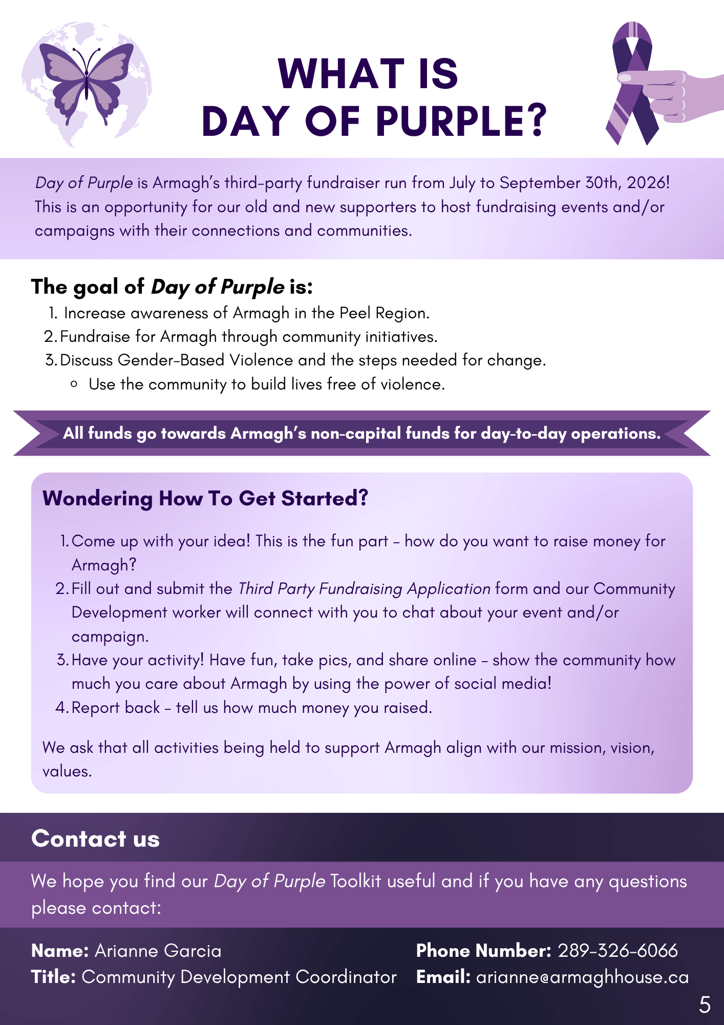 A flyer for Day of Purple event with a purple butterfly on a cloud and a purple ribbon held by a hand, with text about the event's purpose, activities, and contact information.