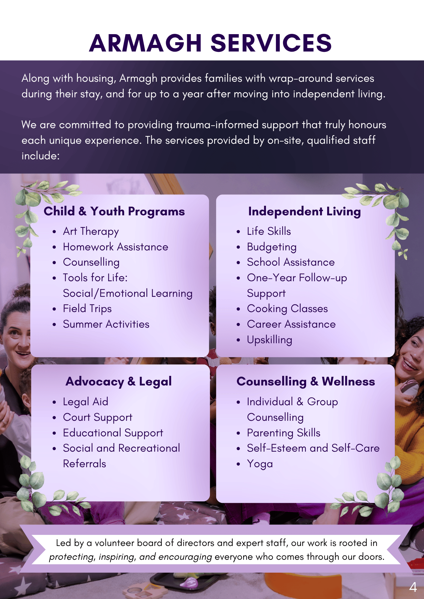 Information flyer for Armagh Services highlighting various programs such as child and youth programs, independent living, advocacy and legal, and counseling and wellness, with a background image of smiling children and adults in a community setting.