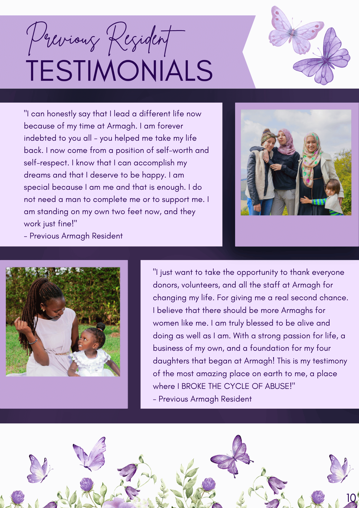 Testimonial page with purple butterflies and flowers border, featuring quotes and photos of women sharing their positive experiences at Armagh.