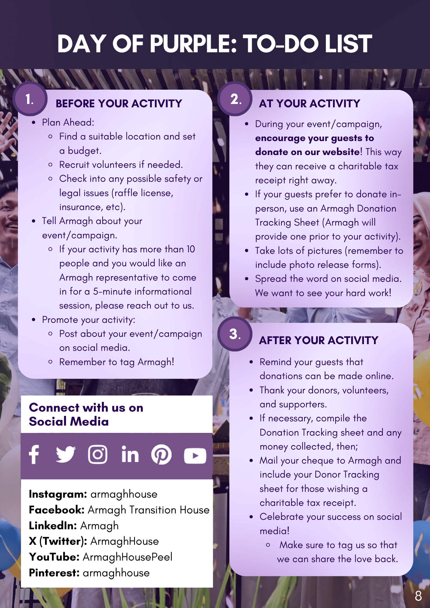 A colorful flyer titled "Day of Purple: To-Do List" with tips for organizing a charity event, including sections on planning, activities, post-event actions, and social media promotion. The background has purple and floral accents.