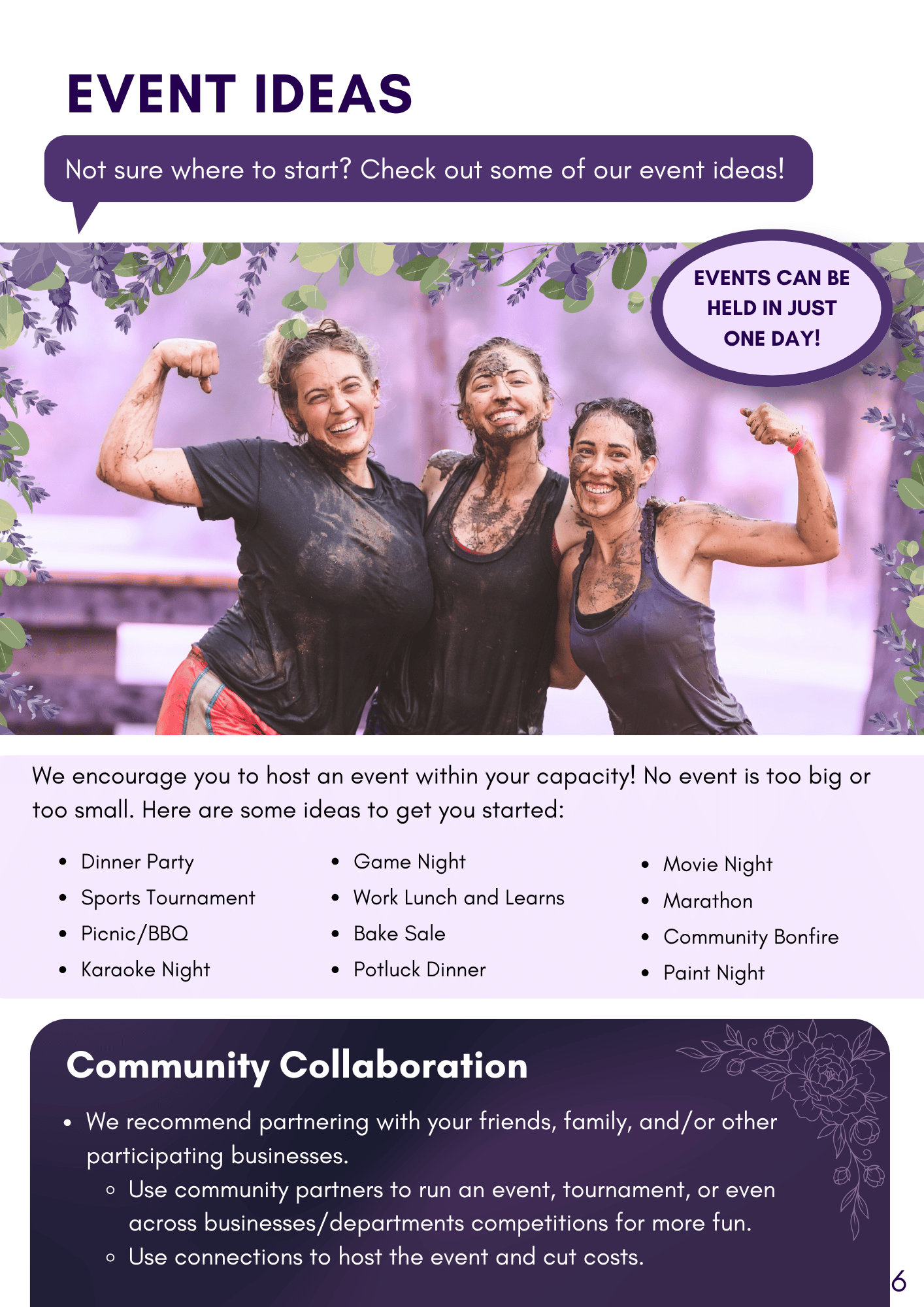 A flyer titled "Event Ideas" featuring a photo of three women covered in mud, smiling and flexing their muscles in an outdoor setting. The flyer promotes community events such as dinner parties, game nights, sports tournaments, picnics, karaoke, bake