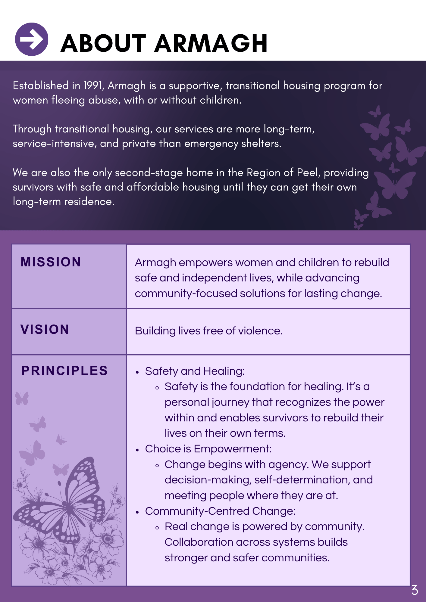 Page about Armagh with purple butterfly and floral design on the left side. Text includes a heading about Armagh, mission, vision, principles, and community change.