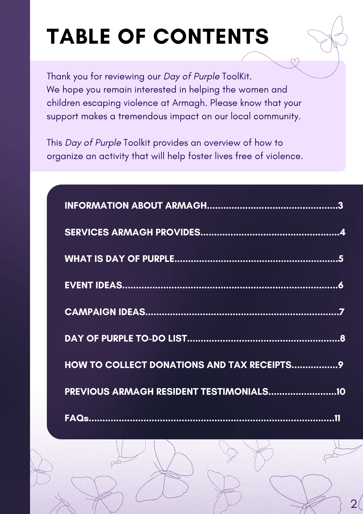 Page from a toolkit showing the table of contents with purple butterfly illustrations and a purple and white color scheme.