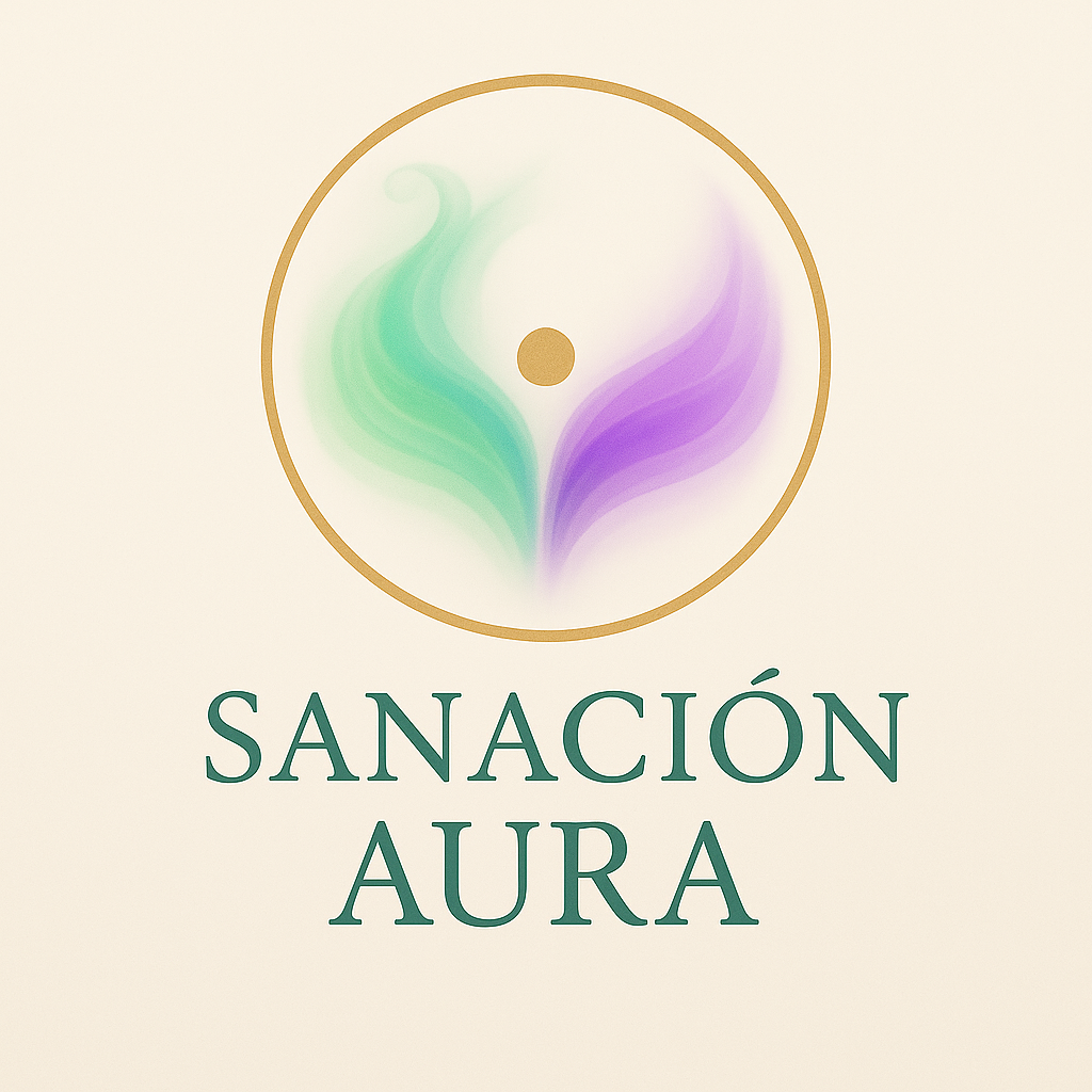 Logotipo con figura circular y formas etéreas en verde y púrpura que se asemejan a alas o vapor, y el texto 'Sanación Aura' debajo.