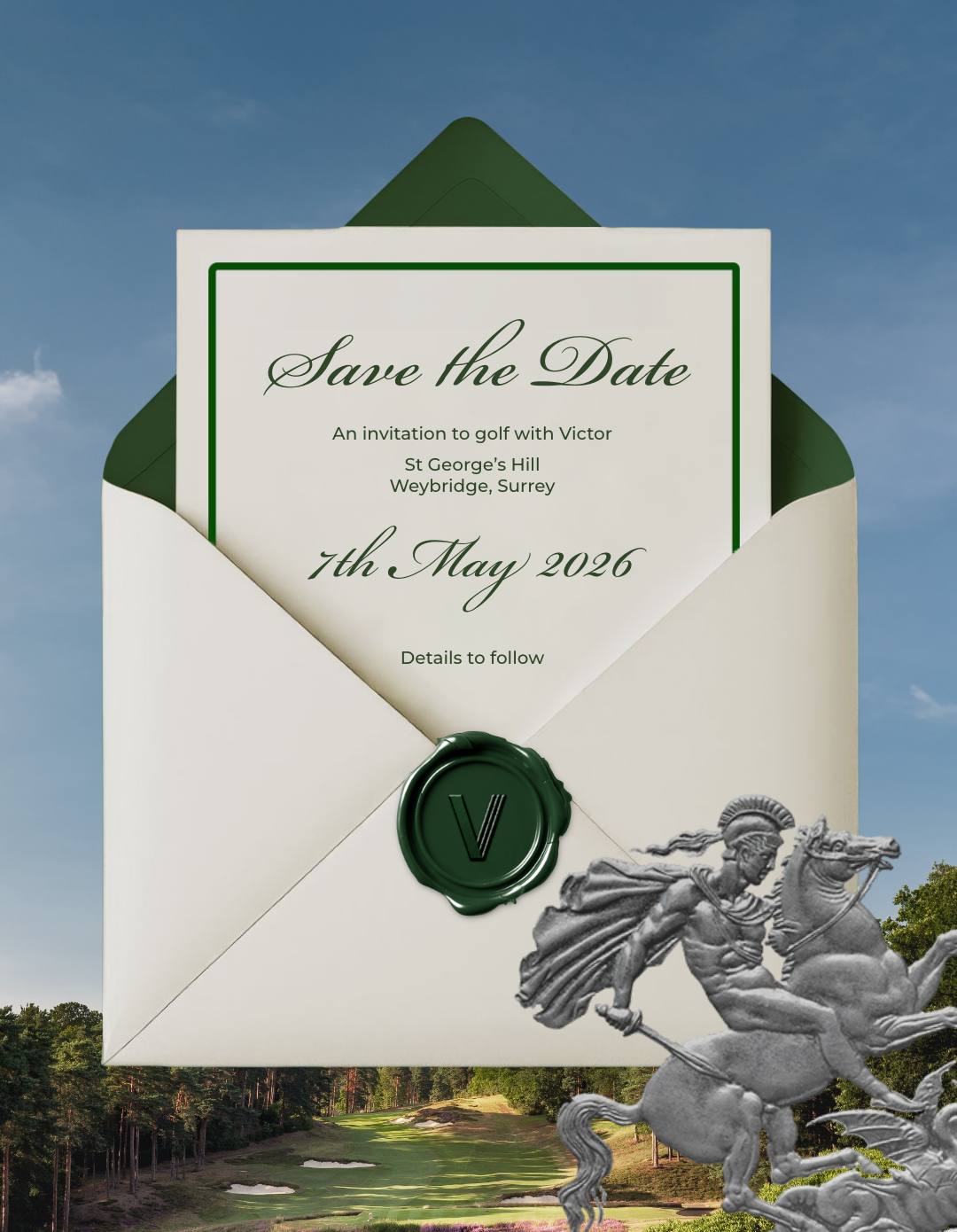 A save the date invitation featuring a green wax seal with a ‘V’ for Victor on it, partially inside an envelope with a card about a golf event on May 7, 2026, against a background of a golf course and blue sky.