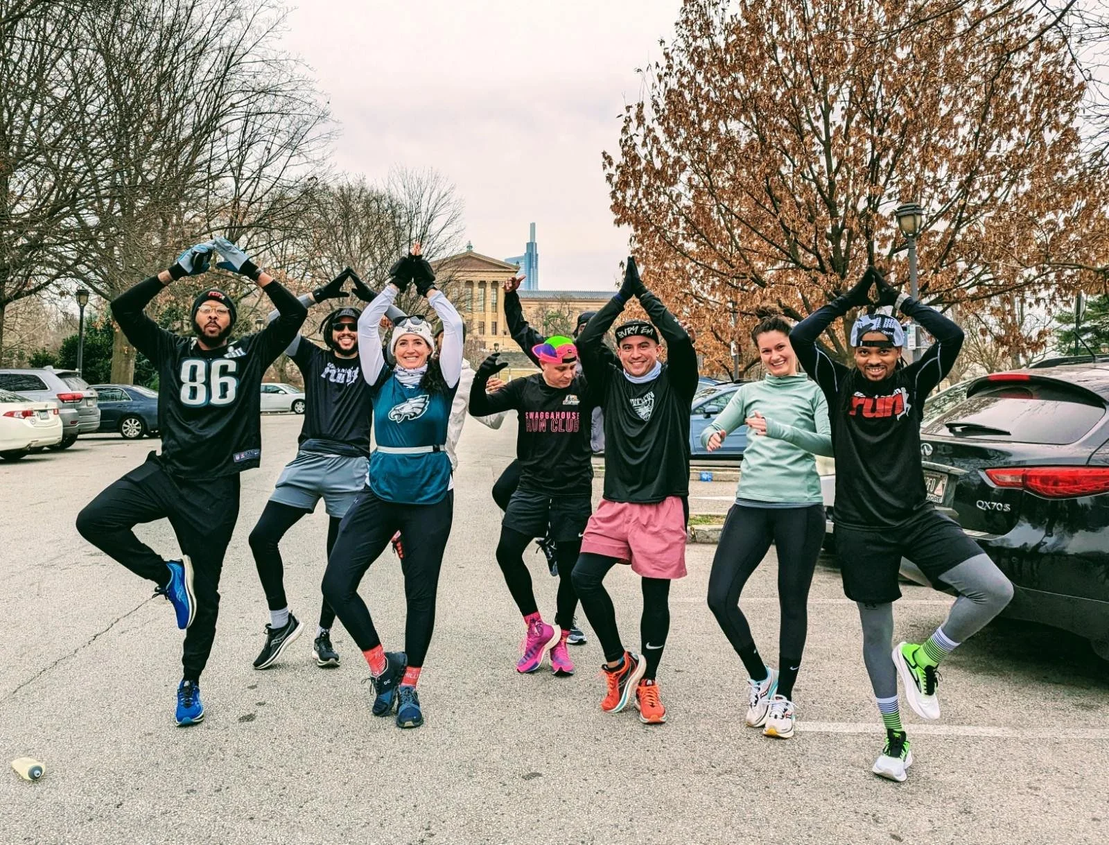 Post-run Tree pose on Super Bowl Sunday 2025 with my run friends