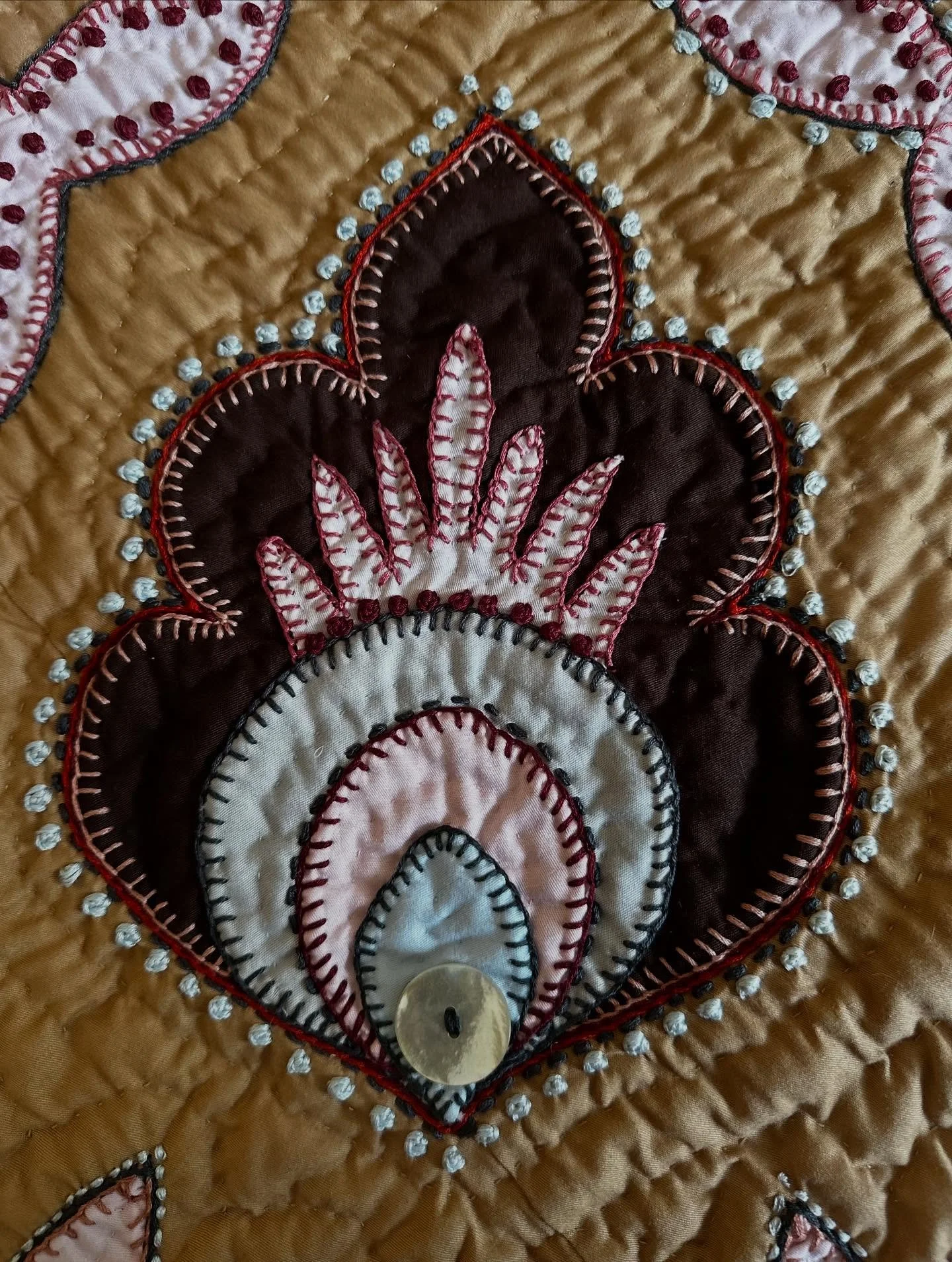 My buddy @therealkateceberano is an embroiderer of quilts and hand printed art. She asked me one day to help her do motifs and we began what is now quite a common practise of sitting together quietly for many hours making these delicate stitches beco