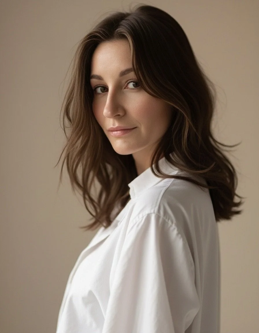 A woman with brown, wavy hair and light makeup, wearing a white shirt, looking over her shoulder at the camera against a neutral backdrop.