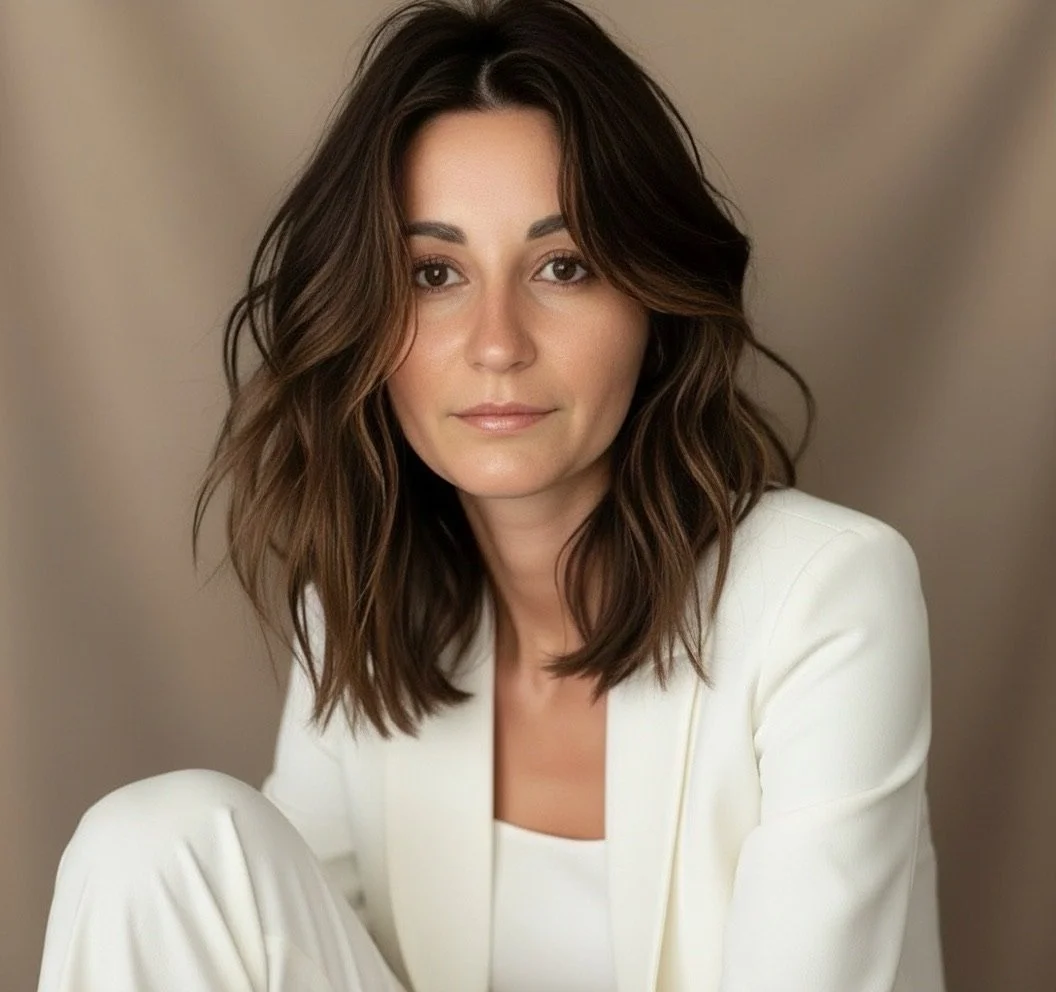 A woman with shoulder-length brown wavy hair, wearing a white blazer and top, looking at the camera with a neutral expression.