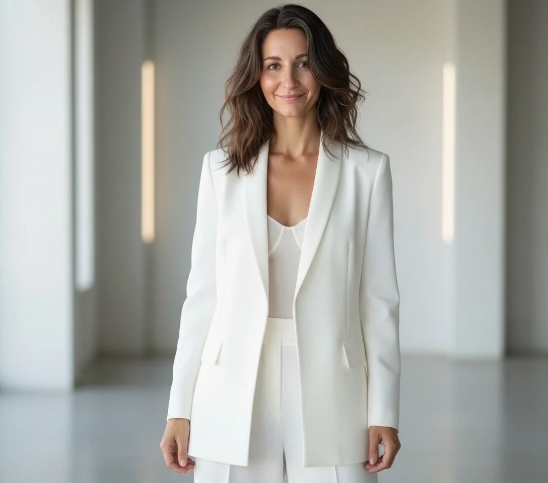 Nicole Goode. Woman in a white blazer standing in a bright, modern hallway, smiling softly.