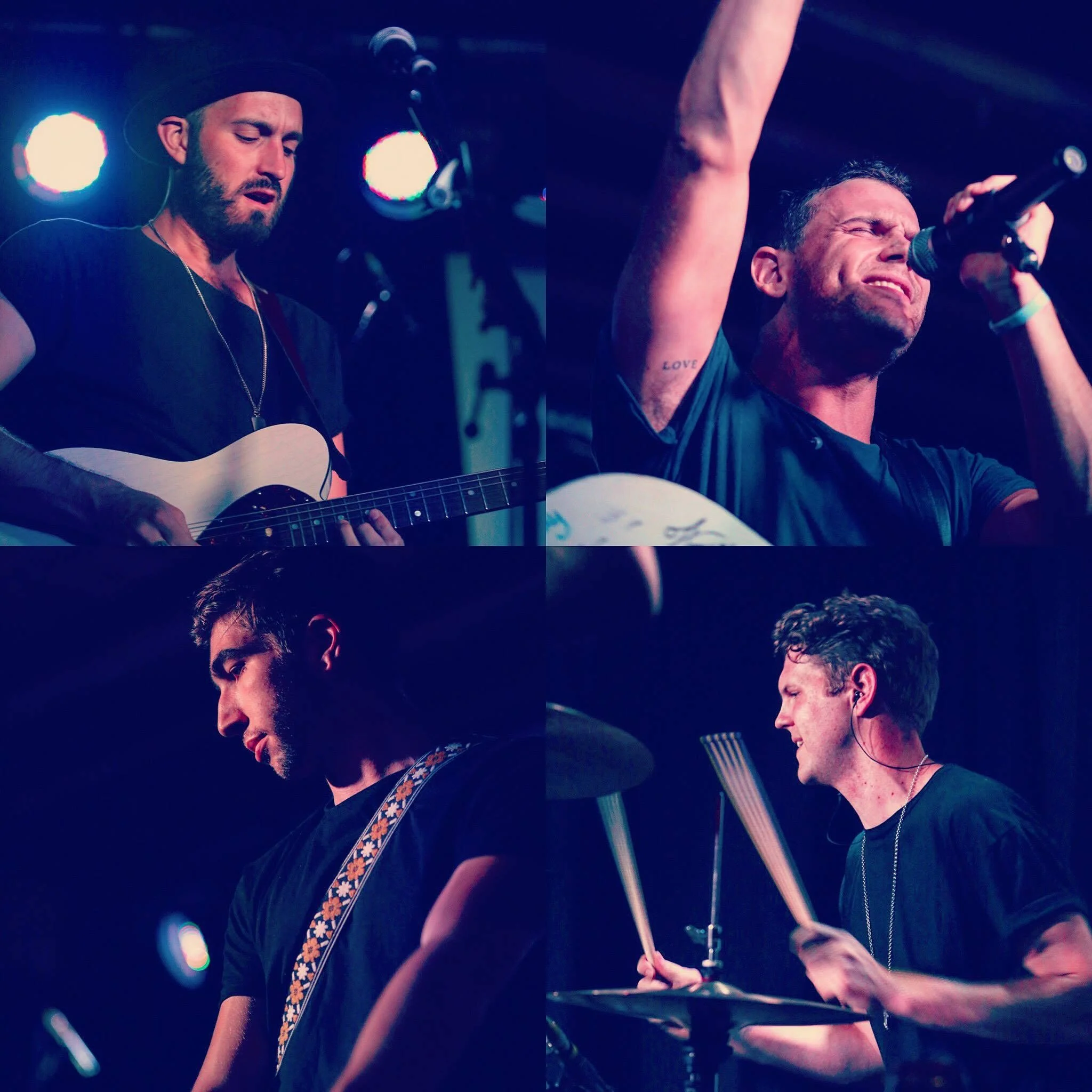 Buchanan performing live in 2016, shown in a four-panel collage of the band on stage under blue and purple lighting.
