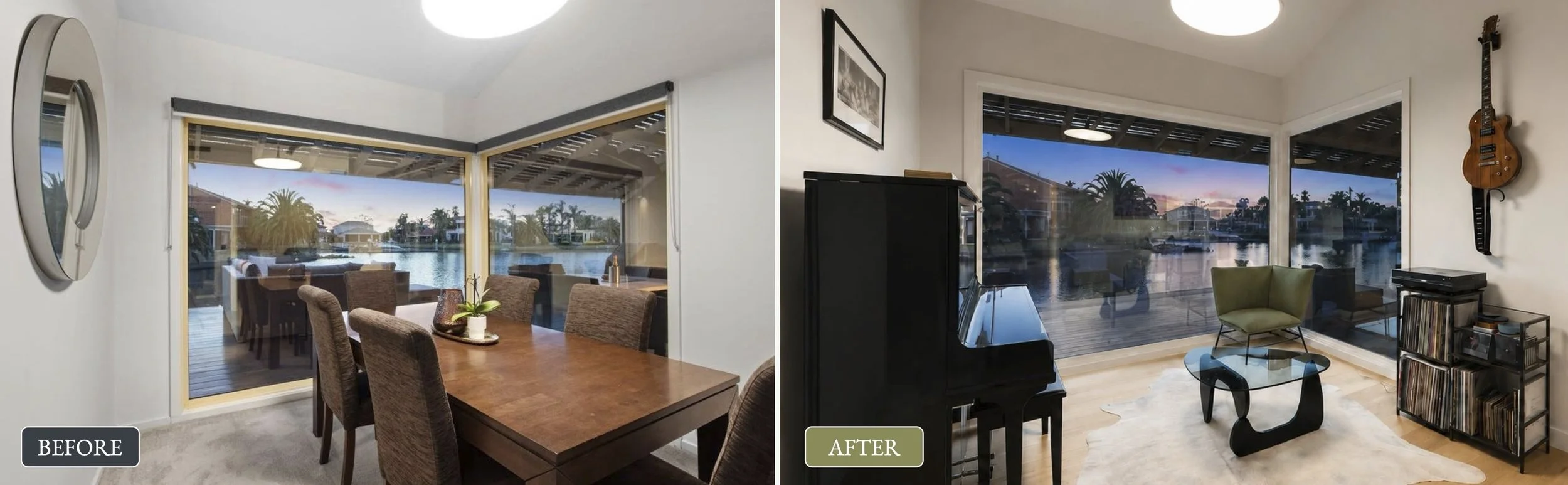 Side-by-side comparison of a dining room before and after renovation. The 'before' image features a dining area with a rectangular table, six upholstered chairs, and sliding glass doors overlooking a lake with palm trees. The 'after' image shows the 