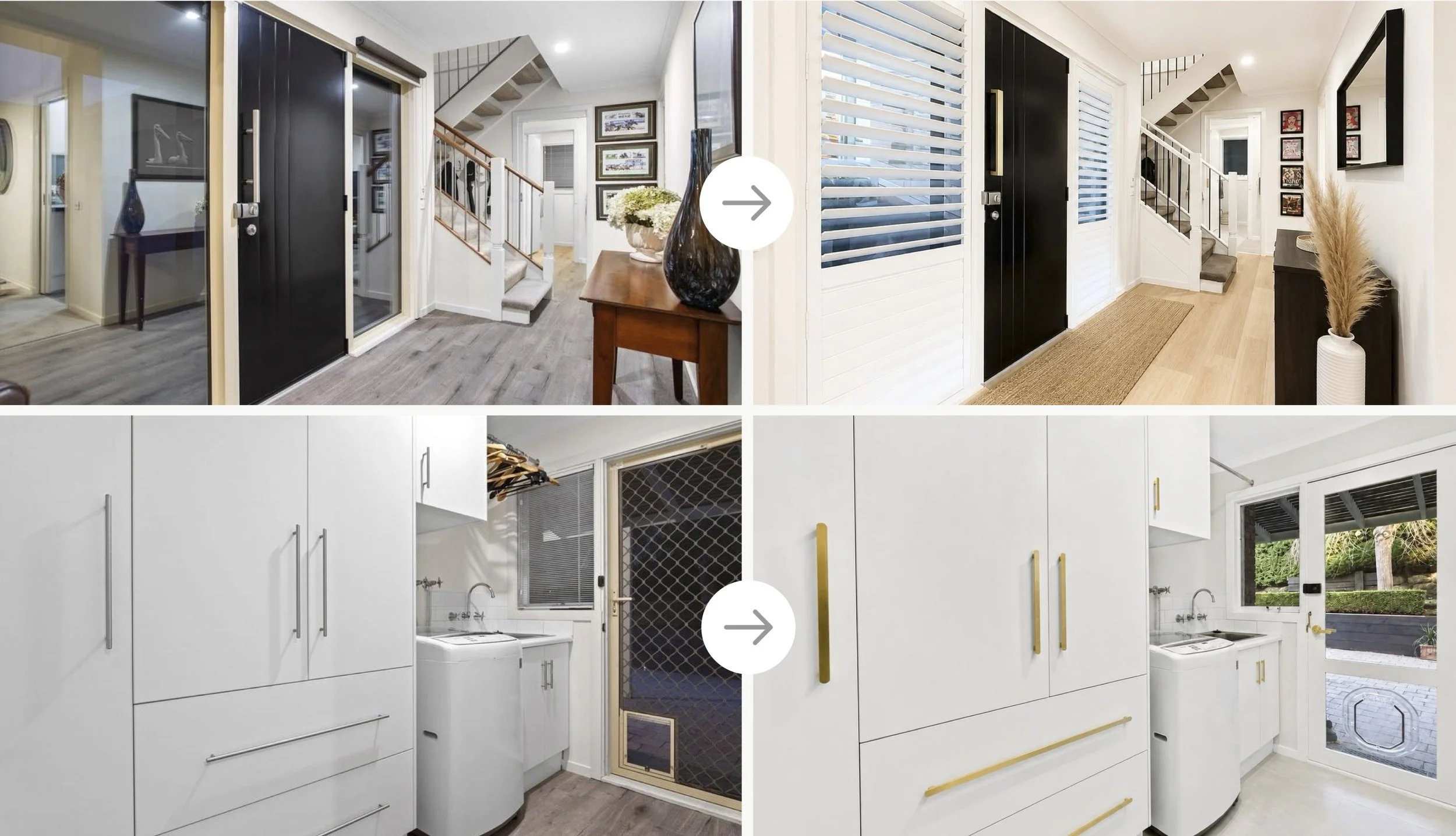 Before and after images of a home renovation showing a hallway with a staircase and front door, and a kitchen with white cabinets, laundry area, and outdoor view.