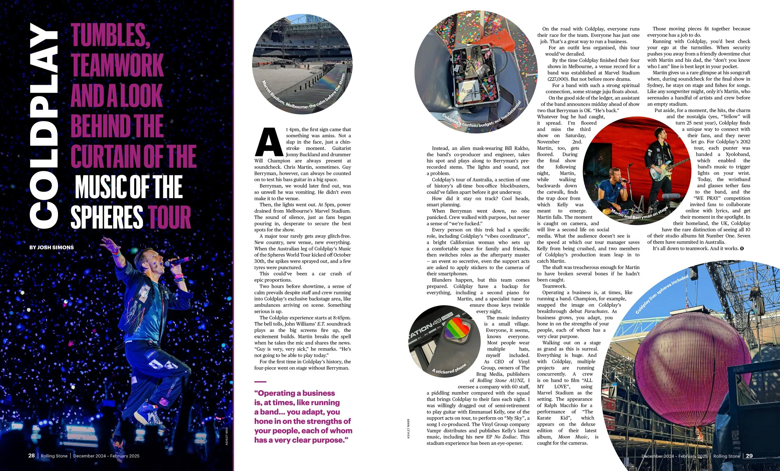 Josh Simons’ Rolling Stone AU/NZ tour diary from Coldplay’s Music of the Spheres World Tour, published in December 2024.