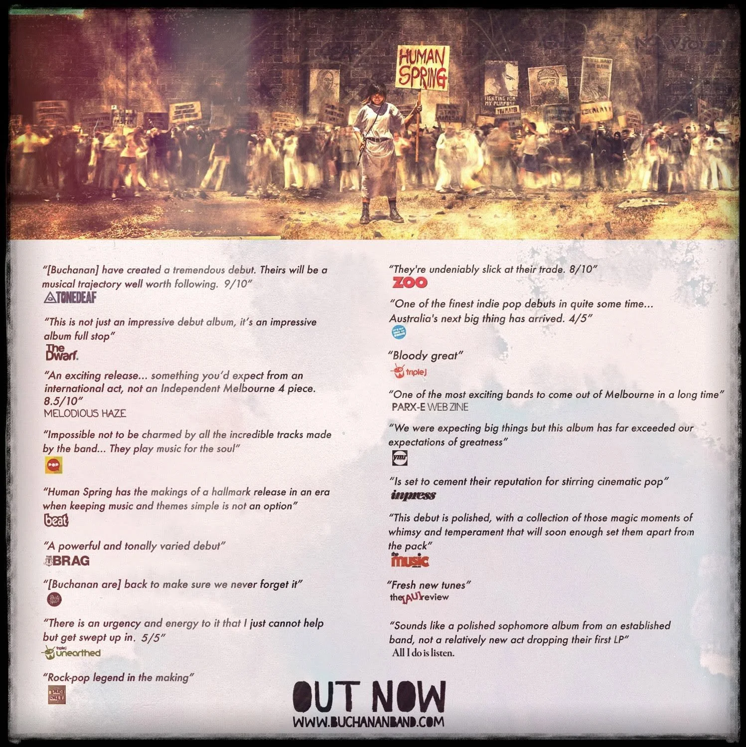 Press reviews and critical acclaim for Buchanan’s debut album Human Spring, featuring Josh Simons, with praise from Triple J, Tone Deaf, The Music, The Brag and other Australian music publications.