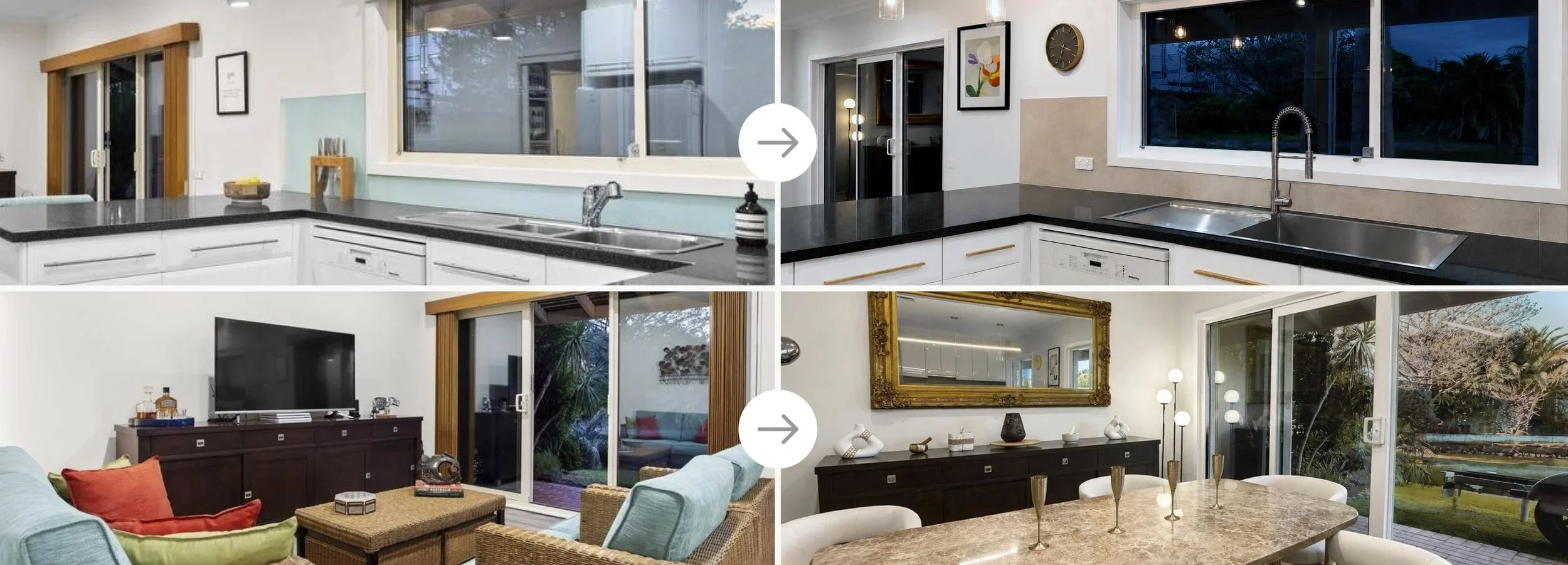 Before and after photos of interior renovation showing a kitchen with black countertops and white cabinets, and a living room with a television, furniture, and a garden view.