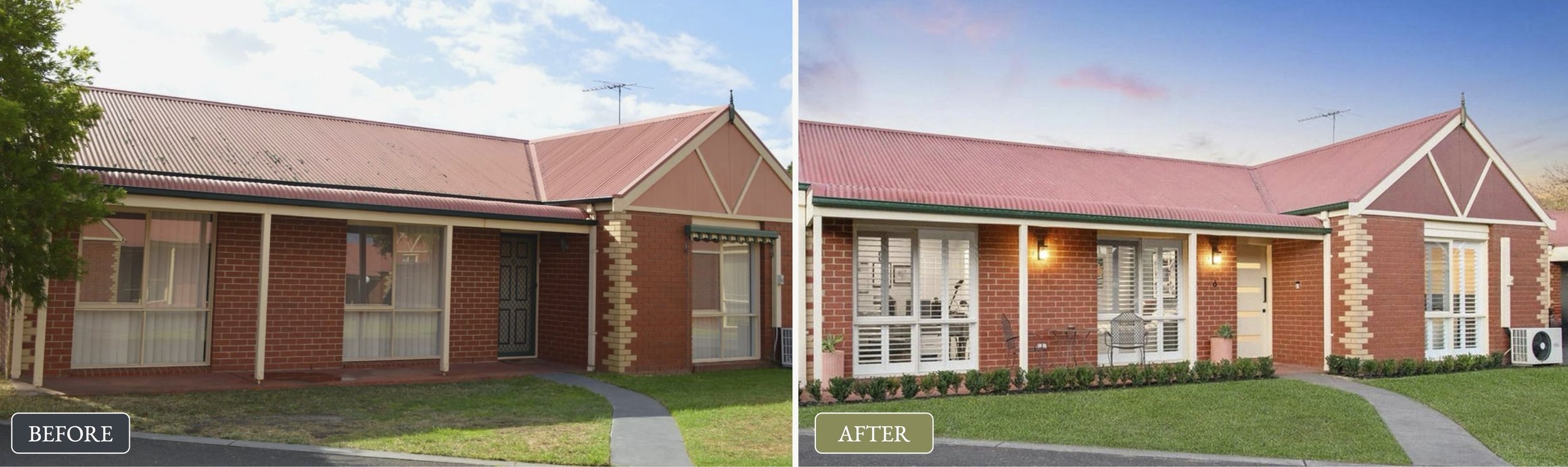 Side-by-side comparison of house before and after renovation. Before shows a brick house with a rusty red metal roof and a small front yard with a concrete walkway. After shows the same house painted with fresh colors, new landscaping, potted plants,