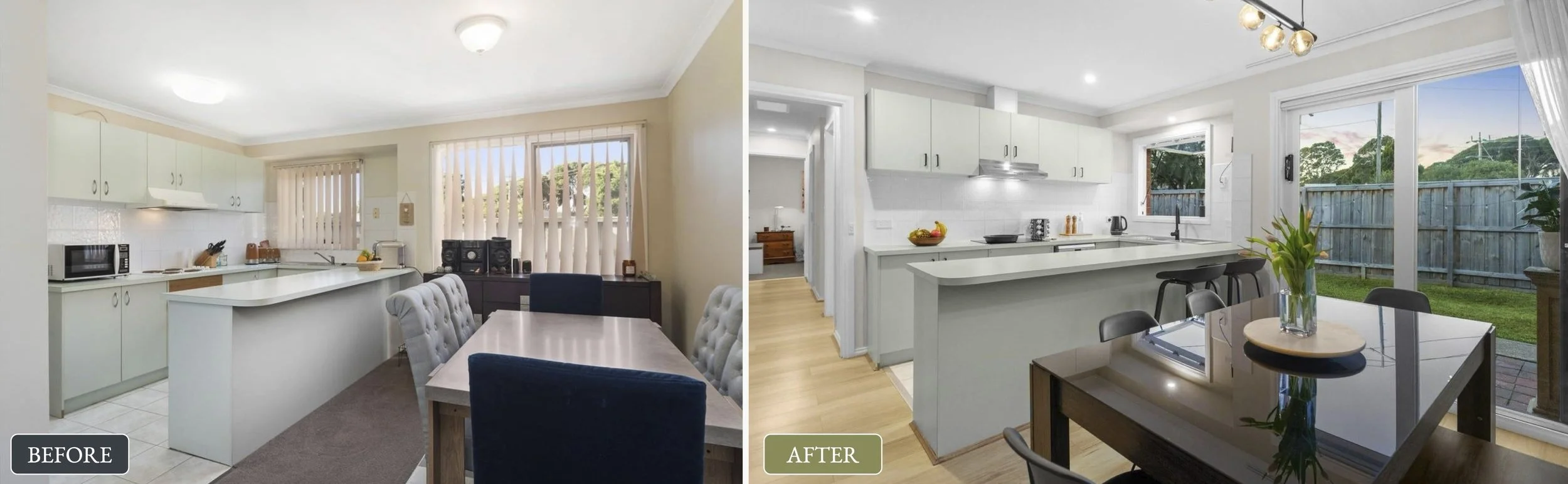 Side-by-side comparison of a kitchen before and after renovation, showing updated countertops, cabinetry, and decor.