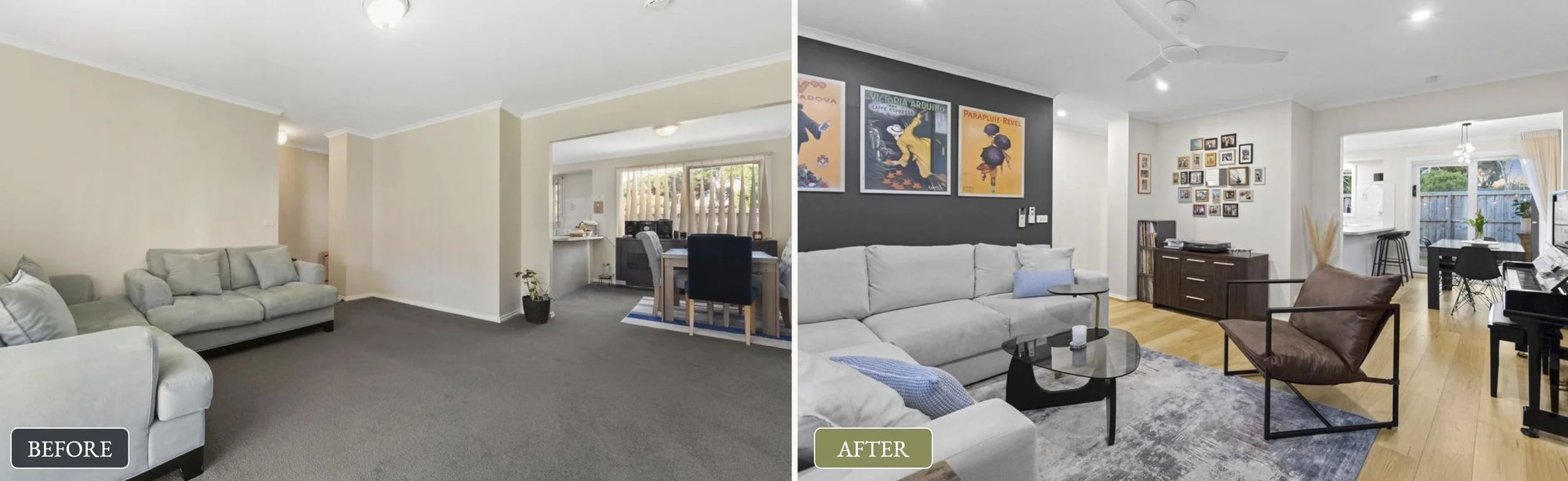 Before and after images of a living room renovation. The before image shows a plain, beige living room with gray carpet and minimal decor. The after image shows a modern, styled living room with a dark accent wall, framed art, a gallery wall, and har