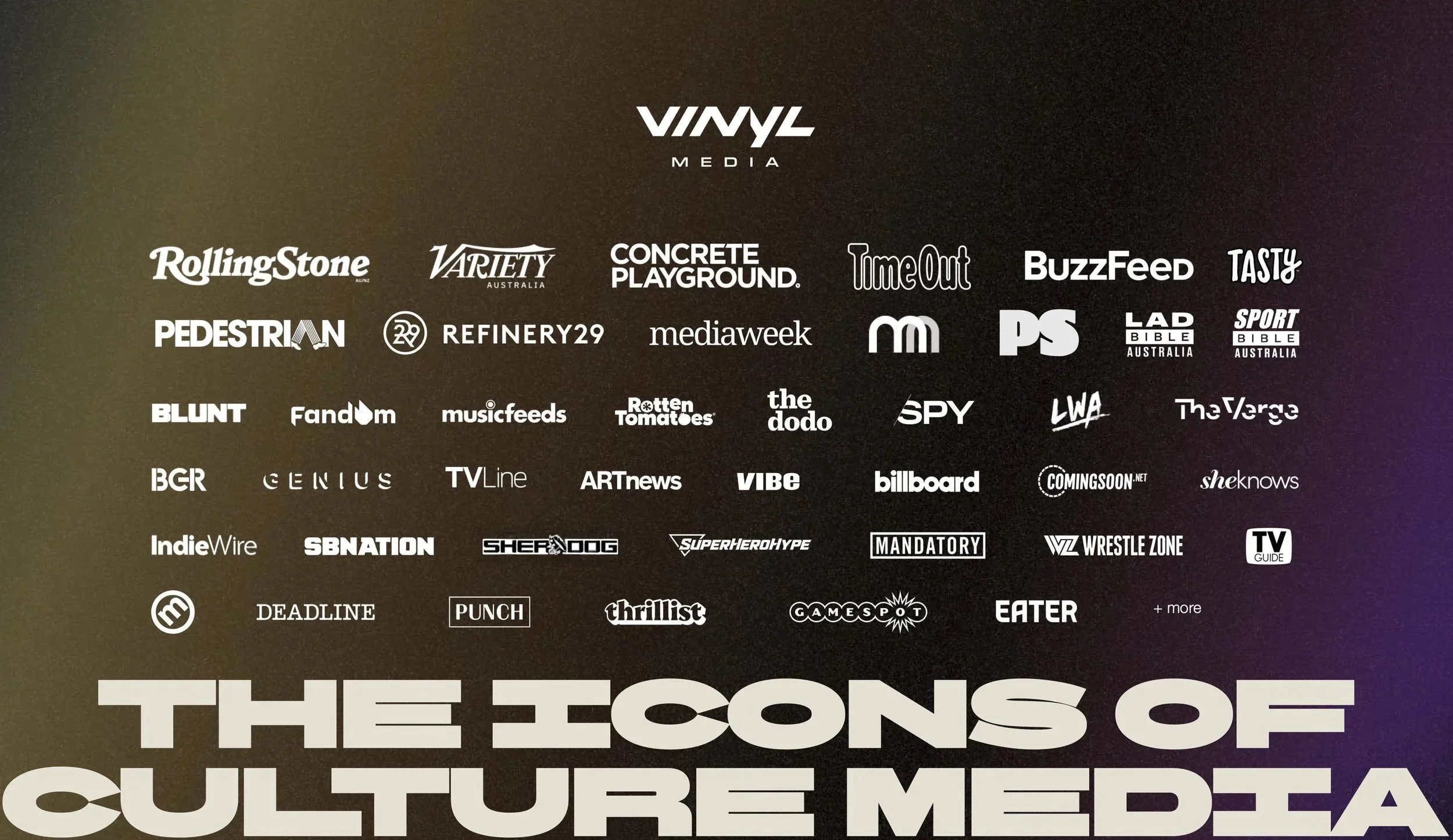 Vinyl Media brand network graphic showing publishing and culture media brands including Rolling Stone, Variety, Concrete Playground, Time Out, BuzzFeed, Pedestrian and Mediaweek.