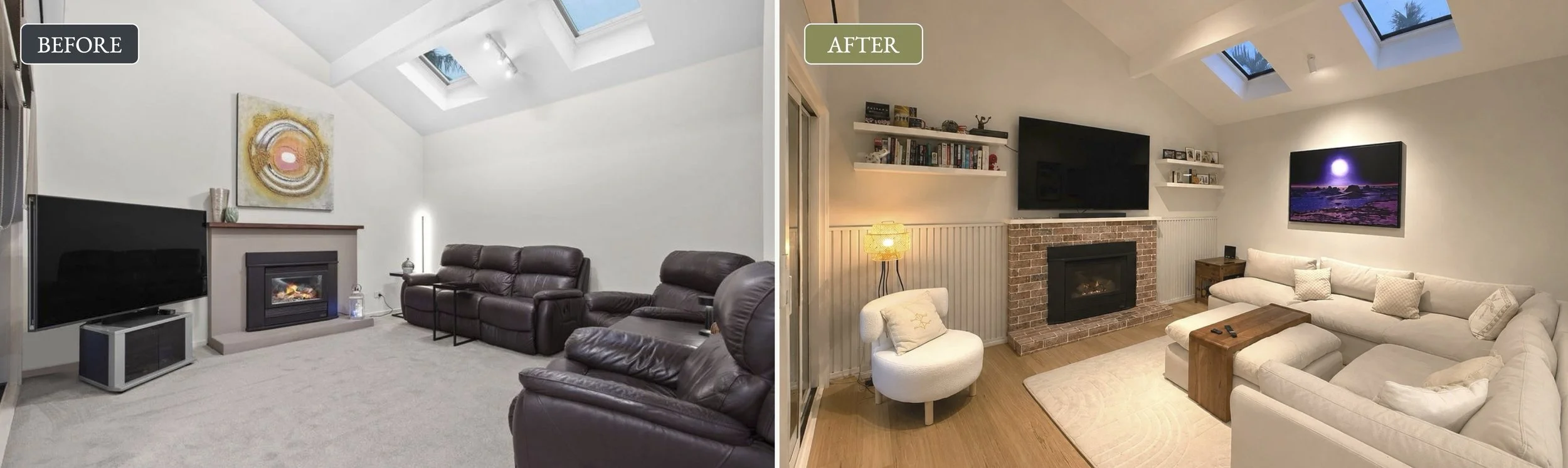 Before and after images of a living room renovation, showing changes in furniture, wall decor, and lighting.