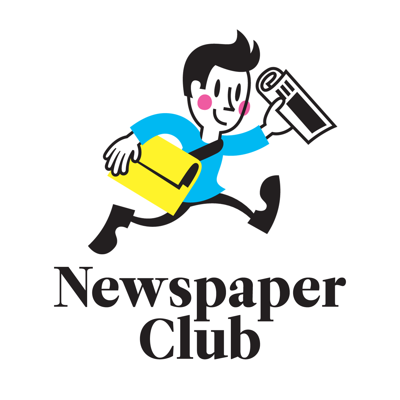 A cartoon person running while holding a newspaper and a yellow folder, with 'Newspaper Club' written below.