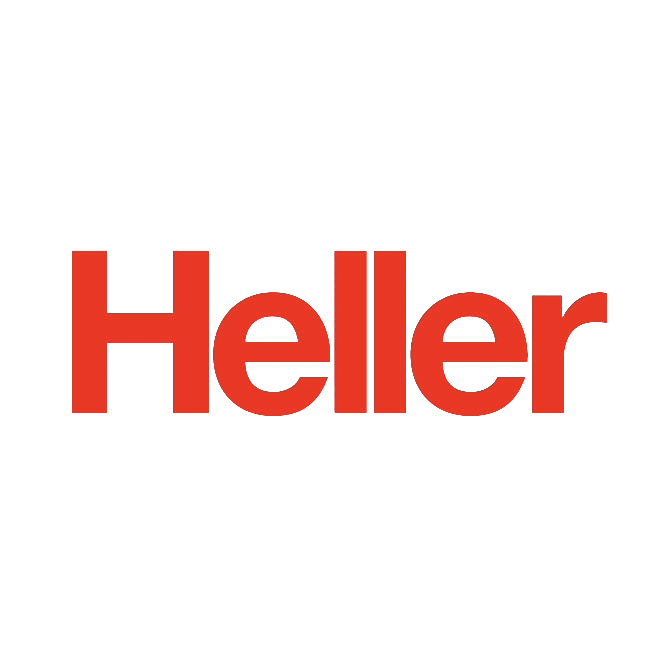 Heller logo with black and red text on a transparent background.