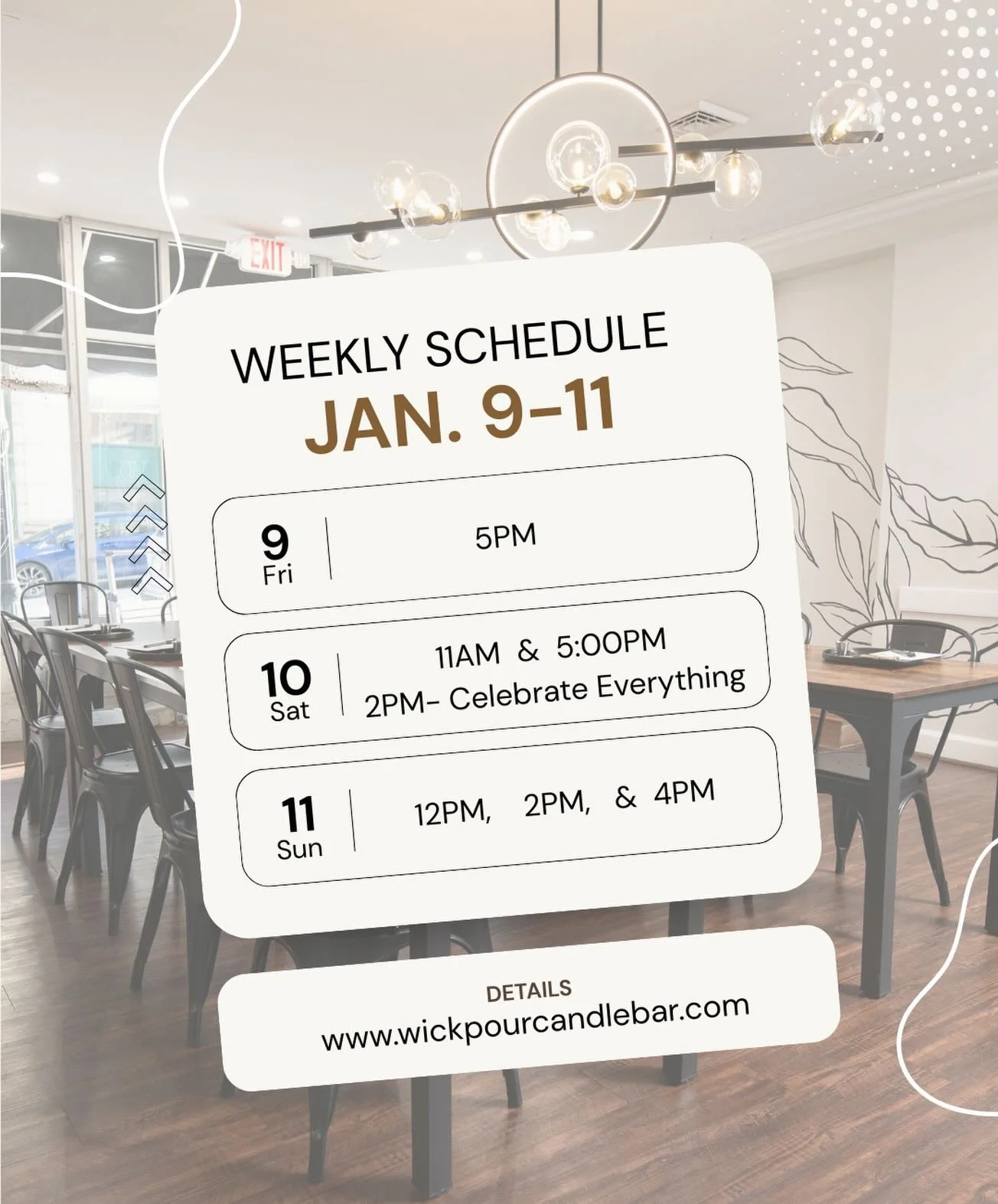 This week&rsquo;s forecast?
🌡️ 69&deg; in January (because why not?)
🕯️ 100% chance of candles
✨ High likelihood of good vibes

Check out this week&rsquo;s schedule at Wick &amp; Pour and come pour something cozy&hellip;or a spring fragrance with n
