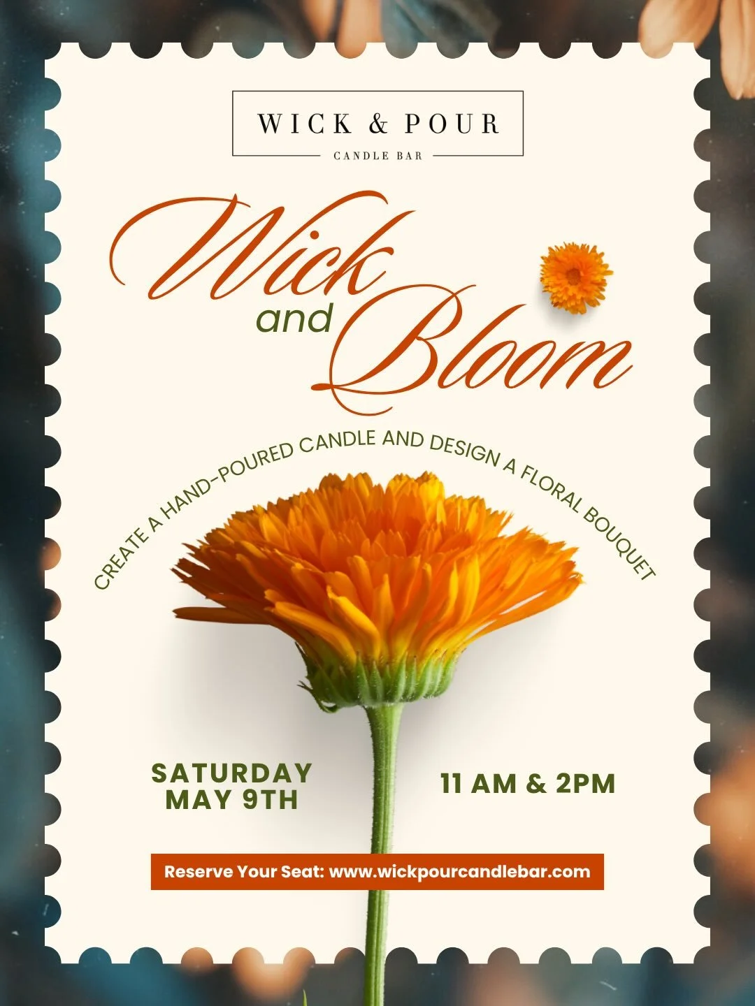 Wick &amp; Bloom is back 💐&mdash; just in time for Mother&rsquo;s Day!

Join us on May 9th for one of our most-loved experiences! You&rsquo;ll create a beautiful hand-poured candle and design a stunning floral bouquet &mdash; the perfect gift for Mo