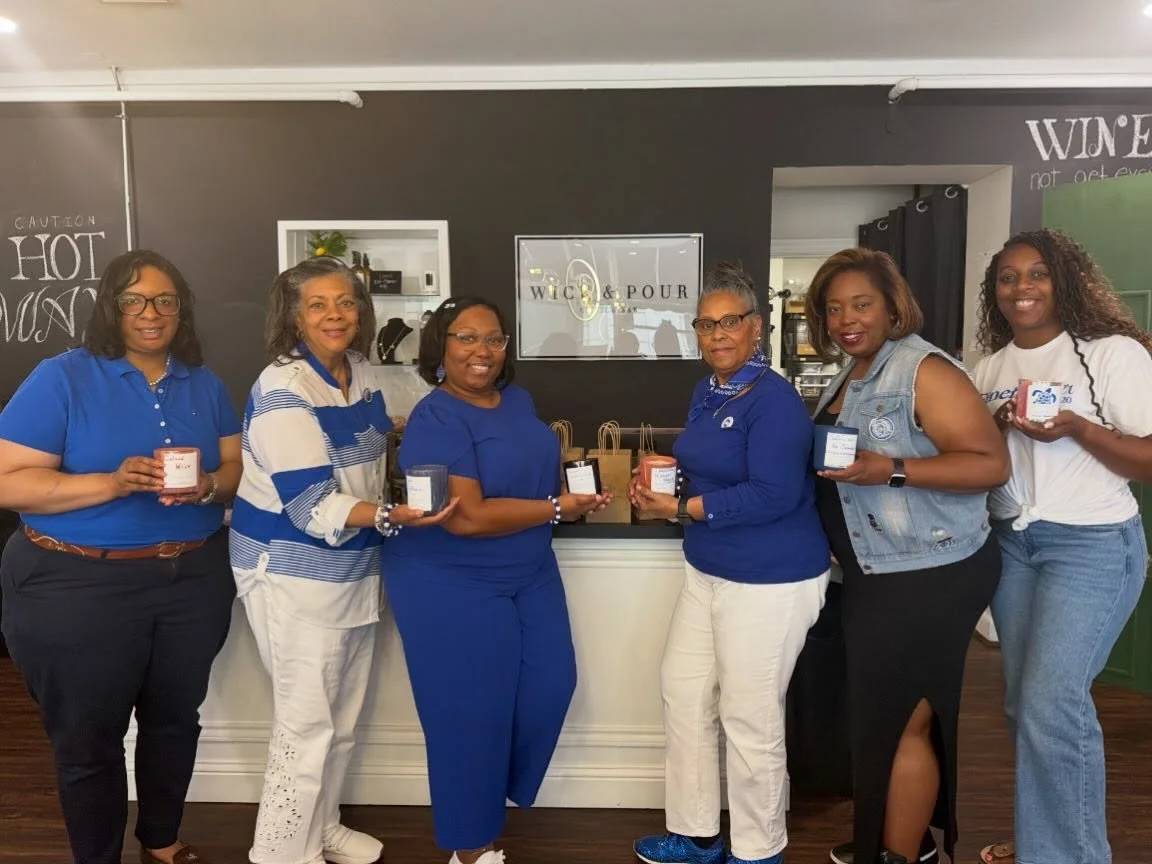 A little blue, a lot of sisterhood, and custom candles to match. 💙🕯️ Thank you to the women of Zeta Phi Beta Sorority, Incorporated, Epsilon Kappa Zeta Chapter for visiting Wick &amp; Pour. We loved having you!