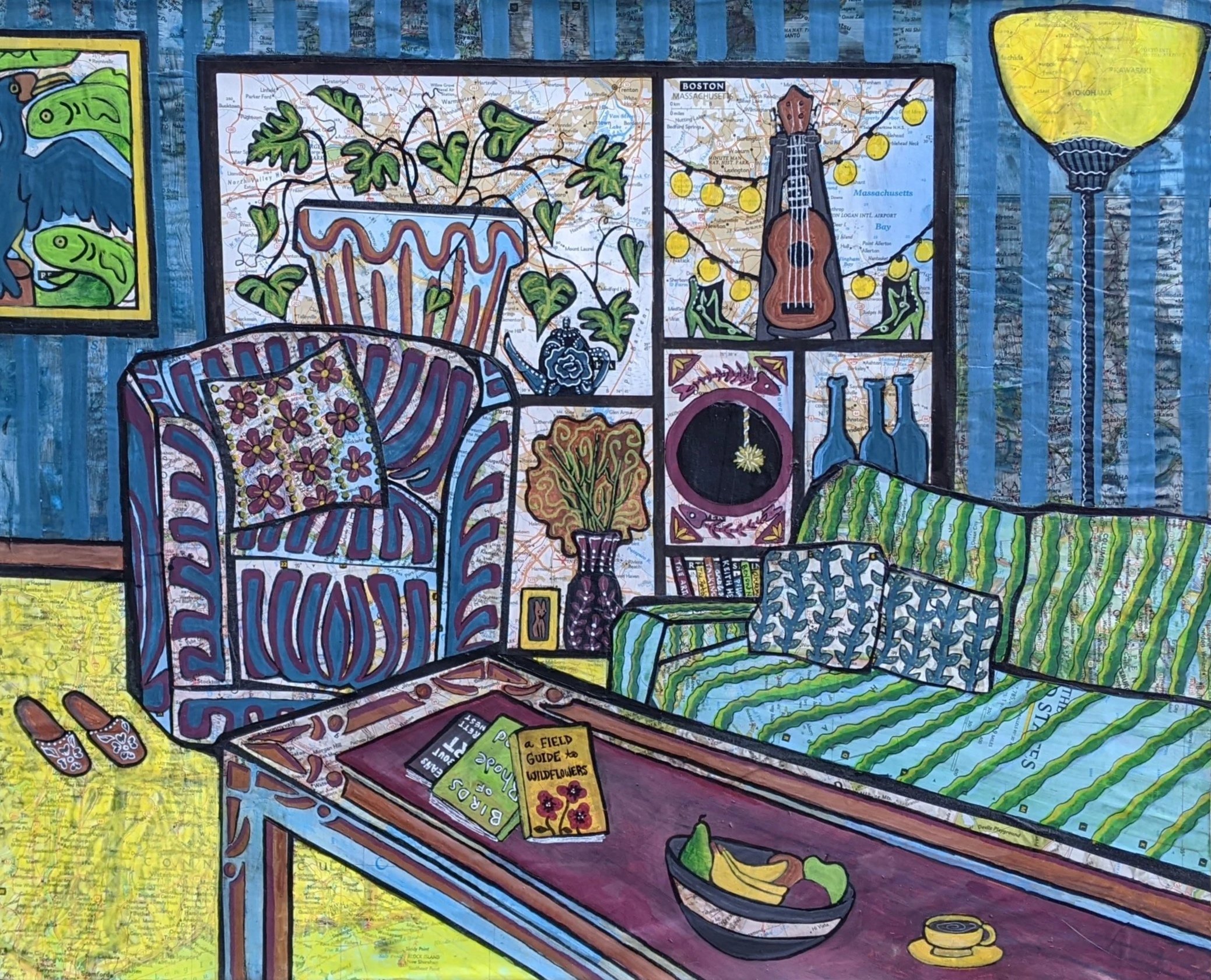 “Work from Home,” 16x20”. Mixed media on collaged atlas pages.
