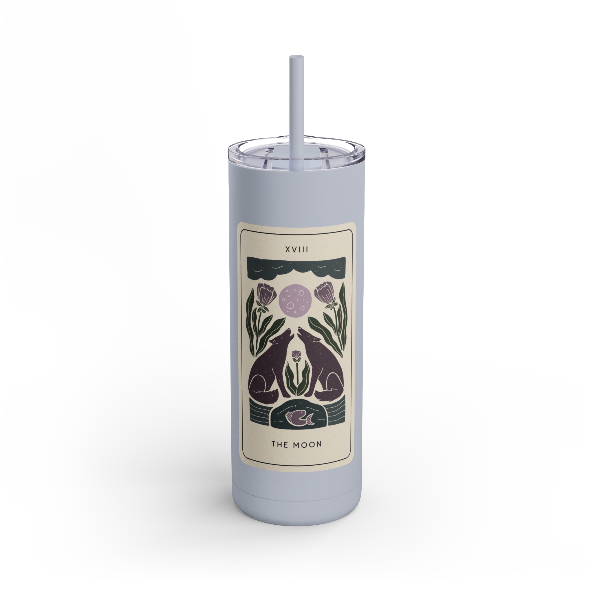 A tumbler with a celestial-themed illustration that includes two cats, flowers, and the moon, labeled "XVIII THE MOON".